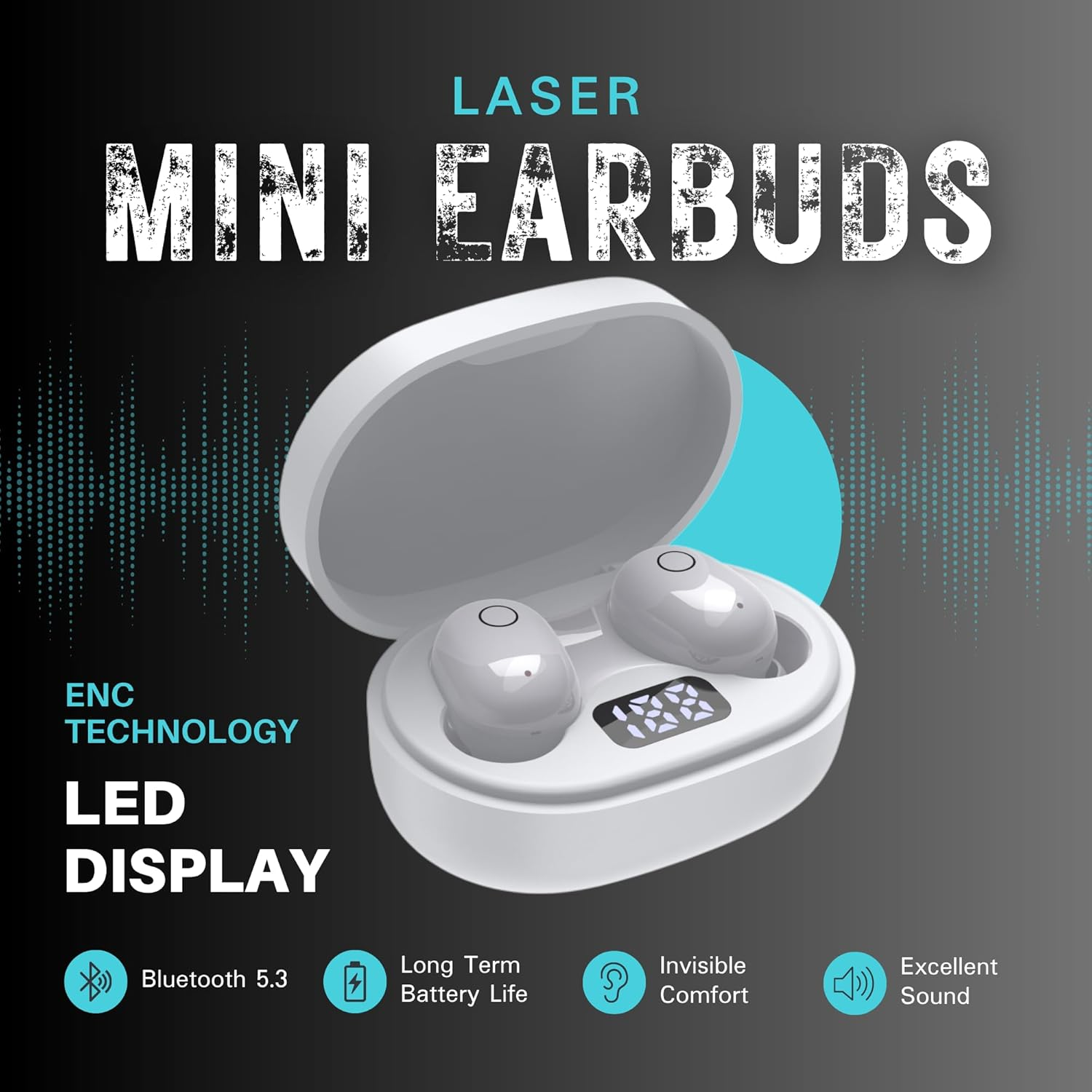 Laser TWS Mini Earbuds with ENC and LED Display White, Wireless, Bluetooth, Charging Case, Battery Level Display image number 6