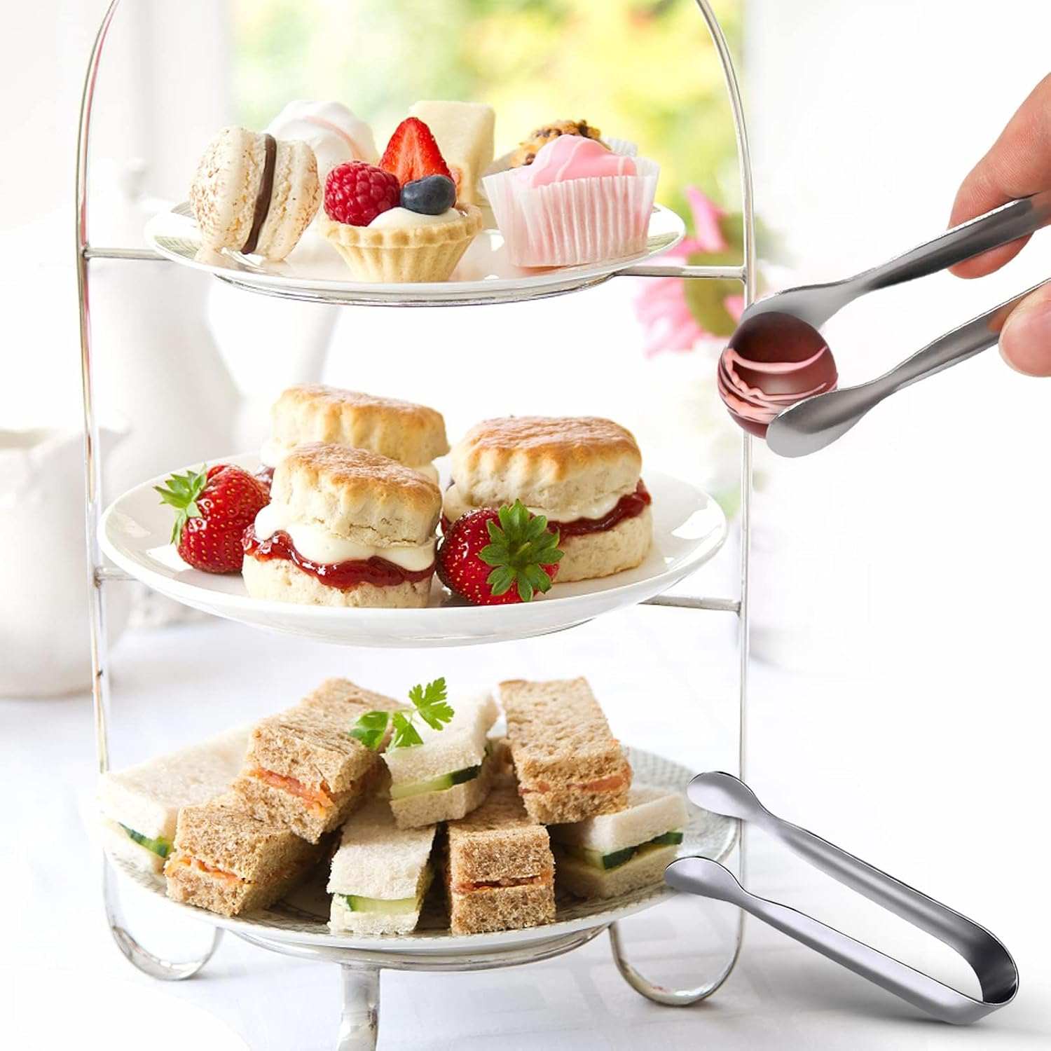 12 Pack 4" Mini Silver Stainless Steel Serving Tongs, Appetizer Tongs, Sugar Tongs, Tea Party, Coffee Bar, Catering, Charcuterie Board, Dishwasher Safe image number 1