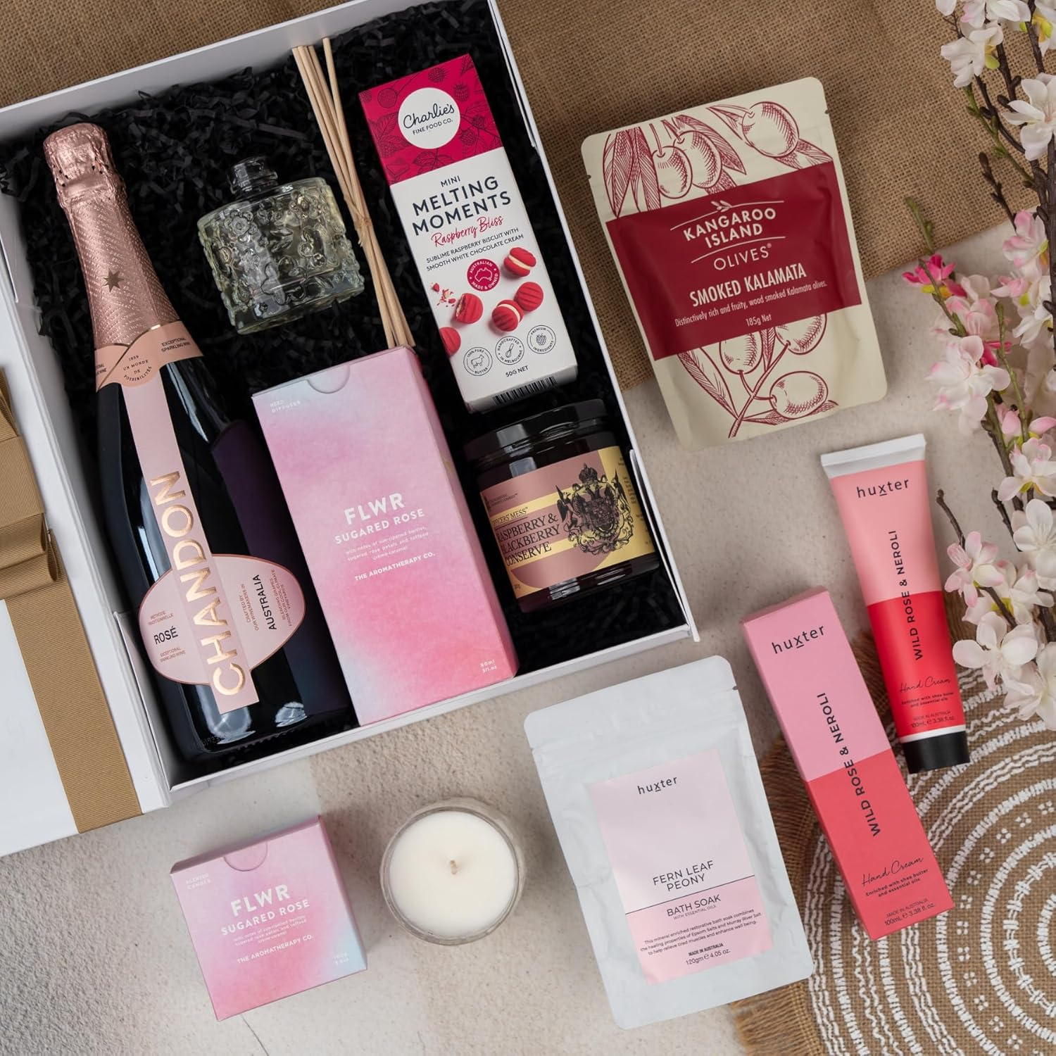 Chandon Connoisseur'S Selection Hamper Gift Set | Includes 8 Items - Chandon Ros&eacute;, Raspberry Biscuits, Bath Soak, Wild Rose Neroli, Smoked Olives, Sugared Rose Candle, Rose Diffuser, Raspberry & Blackberry Conserve image number 4