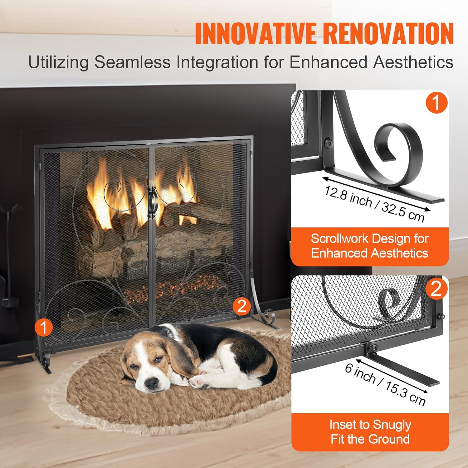 VEVOR Fireplace Screen 2 Panel with Door, Sturdy Iron Mesh Fireplace Screen, 990(L) X802(H)Mm Spark Guard Cover, Simple Installation, Free Standing Fire Fence Grate for Living Room Home Decor Vintage image number 2