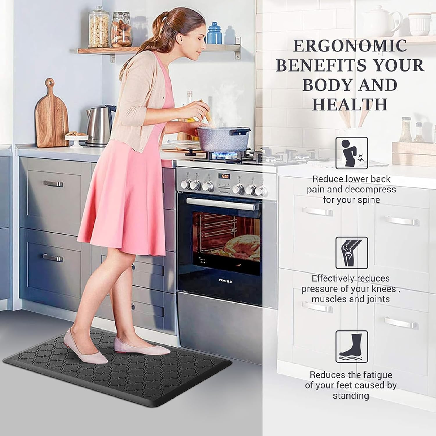 Kitchen Rugs and Mats &mdash; 12Mm Thick Kitchen Floor Mats, anti Fatigue Waterproof for Kitchen, Office & Garage，Non Skid Standing Kitchen Rug 2 Piece &mdash;（44X75Cm+44X150Cm，Black） - Grey image number 4