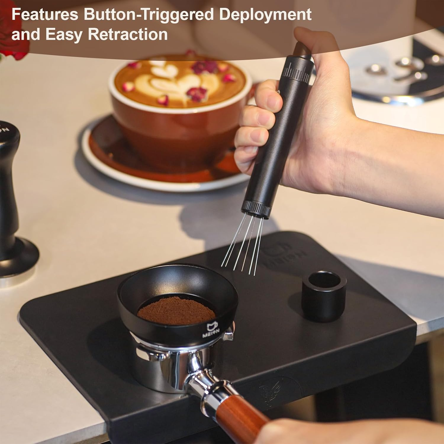 MEION Retractable WDT Espresso Distribution Tool Espresso Stirrer Tools, 0.35Mm 6 Needles Coffee Distributor with Extra 6 Replaceable Needles, Espresso Machine Accessories for Barista (Black, V2) image number 4