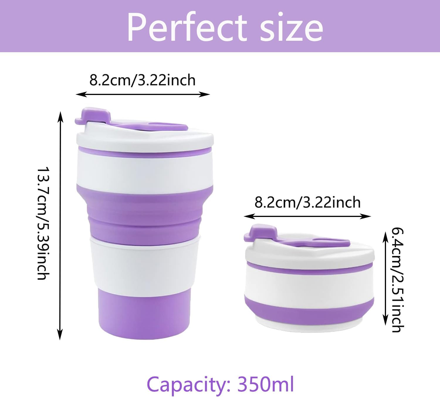 Pack of 2 Silicone Folding Cups, 350 Ml, Portable Folding Cup, Silicone Foldable Travel Cup, for Outdoor Picnics, Camping and Hiking (Green, Purple) image number 4