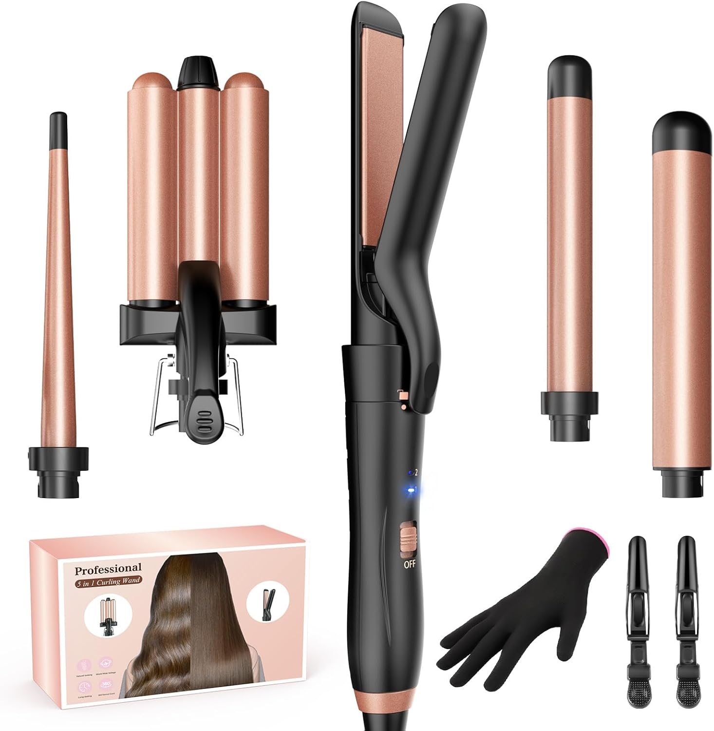 BESTOPE MIX 5 in 1 Curling Iron Set, Curling Iron with Different Attachments, Adjustable Temperature, Ceramic Curling Iron, Large Curls, Fast Heating, Curling Rods, 3 Barrels for Long or Short Hair