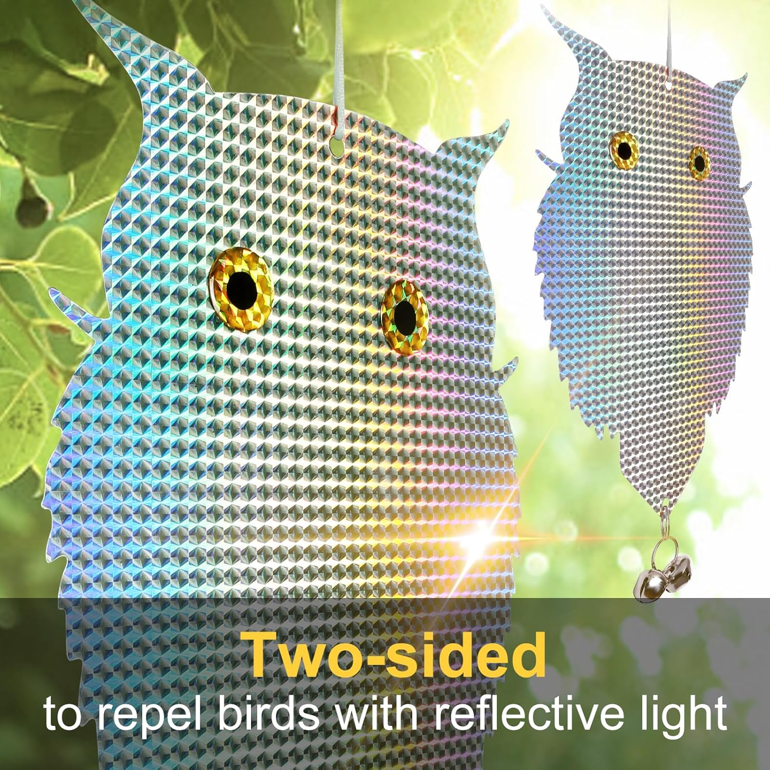 OFFO Owl Decoy for Pigeon Deterrent Hanging Outdoors Reflective Plastic Owls to Scare Pigeons to Keep Birds Away on Gardens with Bells 1 Pcs+ 2Pcs Bird Scare Rods image number 5