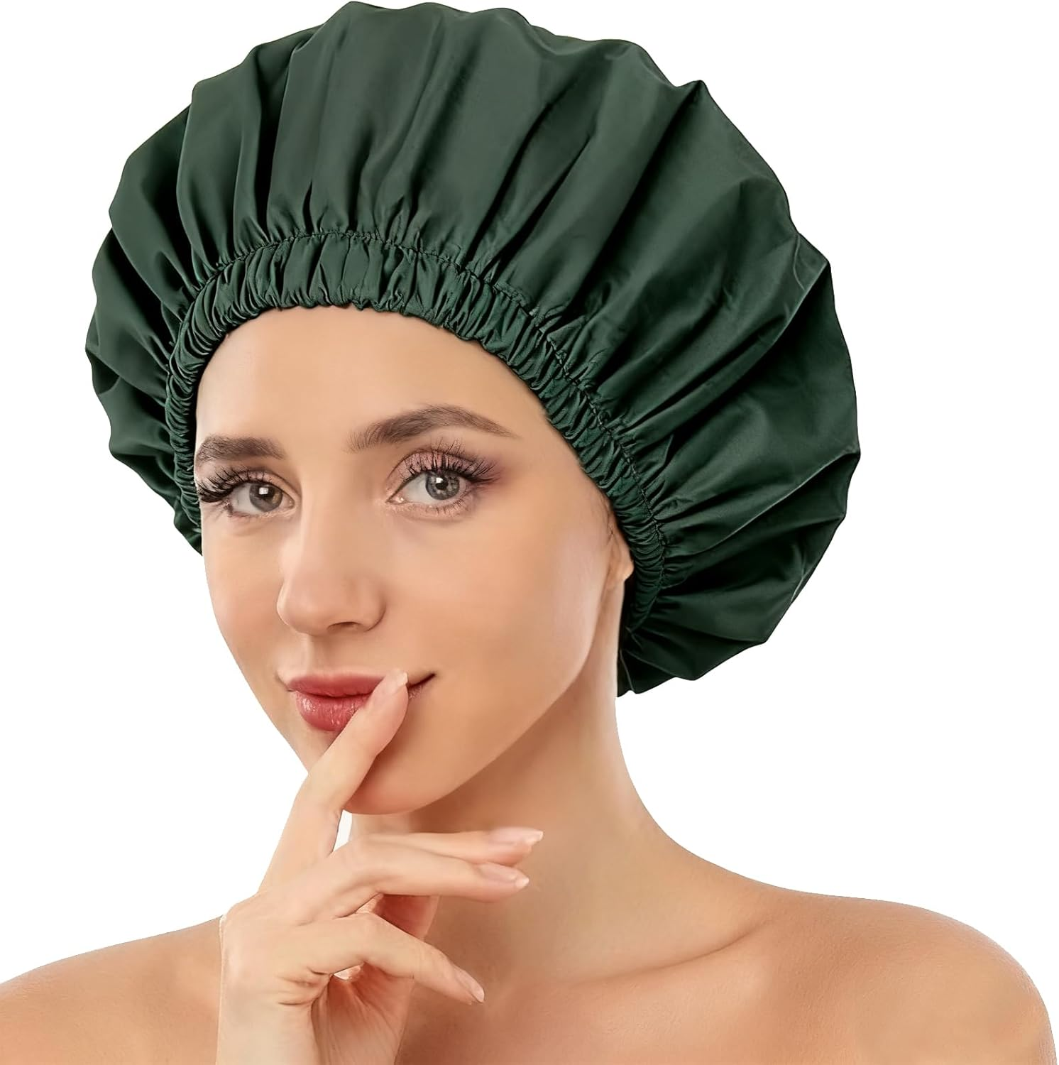 Suytvenxau Reusable Shower Cap for Women, Large Waterproof Shower Bonnet Washable Elastic Band Bath Hair Hat Shower Caps for Long Hair, Braids(Green)