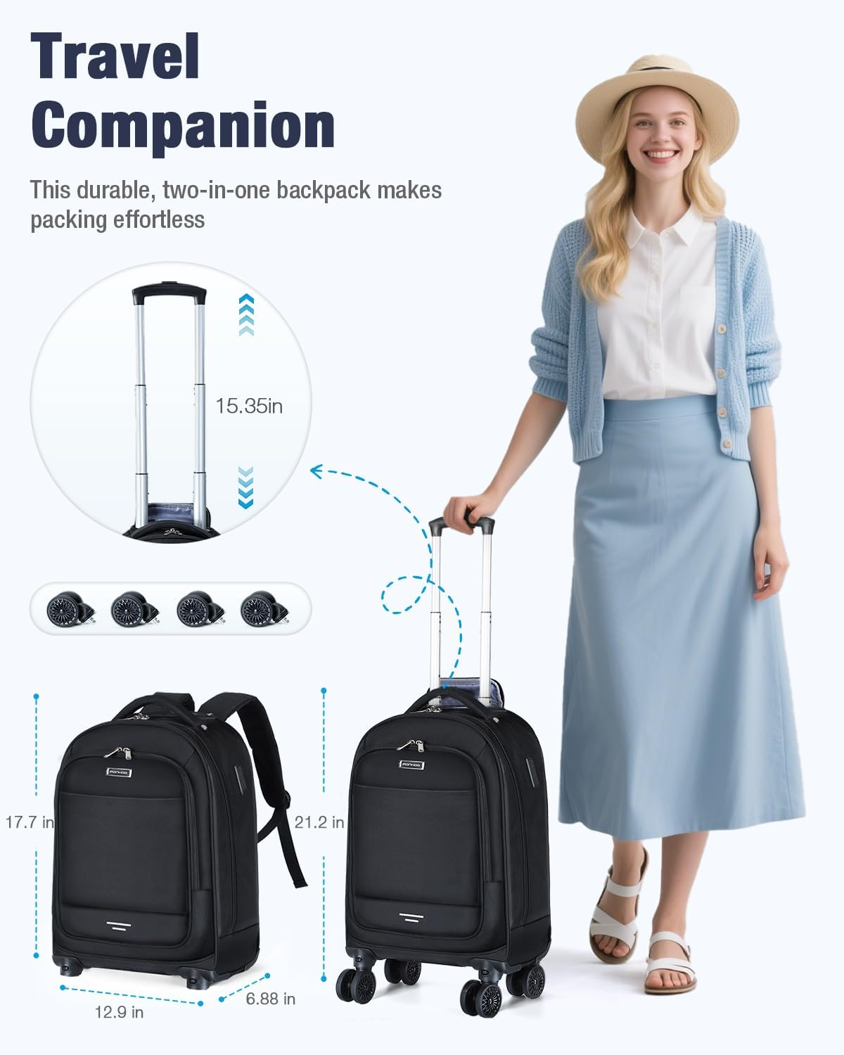 Ponhog Rolling Backpack with 4 Wheels, 15.6 Inch Travel Laptop Backpack for Women Men, Water Resistant Roller with USB Charging Port, Airline Approved Wheeled Work Bag, Black