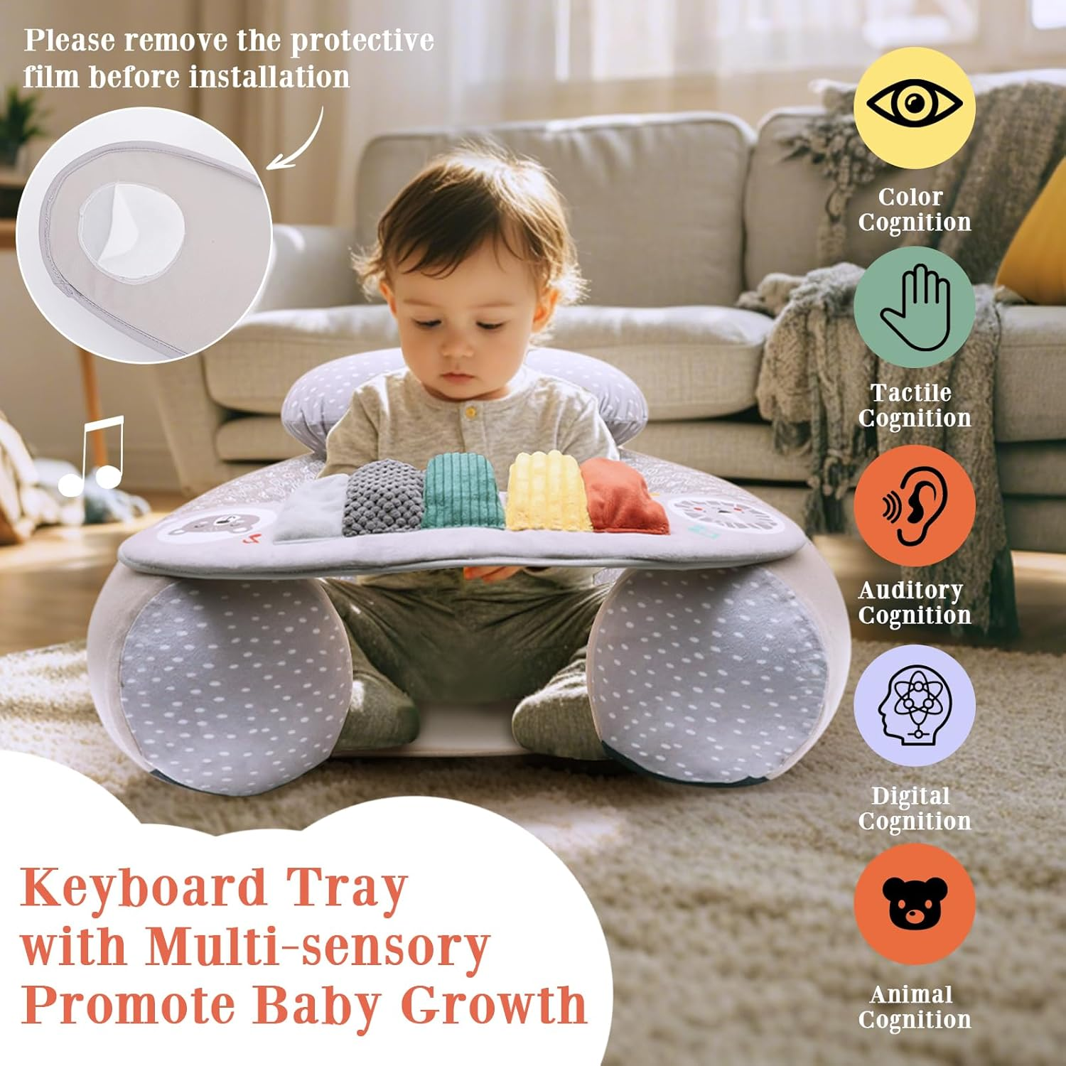 Upgraded Blublu Park Wider U-Shape Inflatable Sit Me up Floor Seat for Baby 3-36 Months with Cover, Portable Baby Chair with Activity Sensory Tray for Sitting Up, Infant Floor Seats, Piano