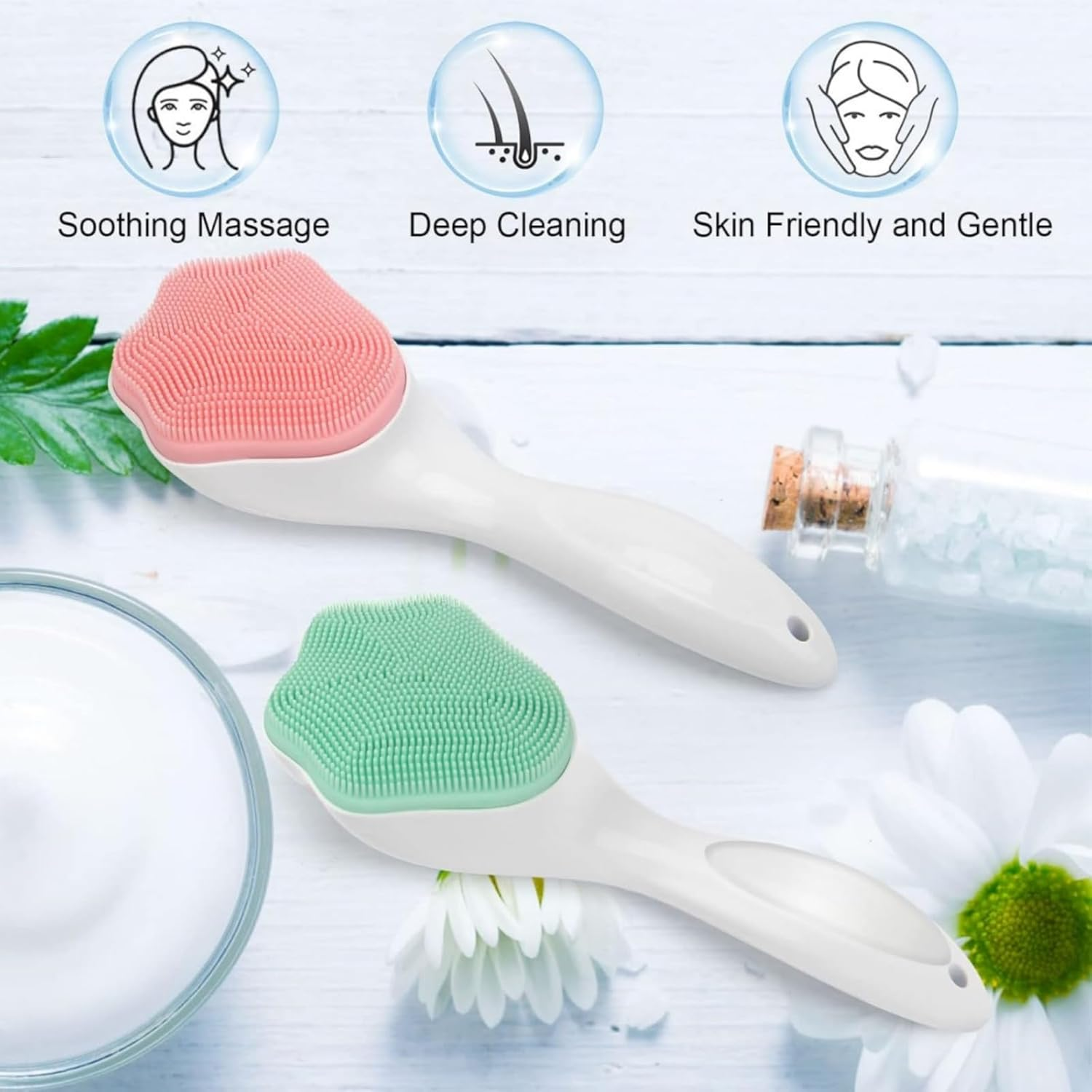 2 Pack Silicone Face Scrubber, 4 in 1 Facial Cleansing Brush, Handheld Face Wash Brush for Pore Cleansing, Gentle Exfoliating, Removing Blackhead, Green and Pink image number 1