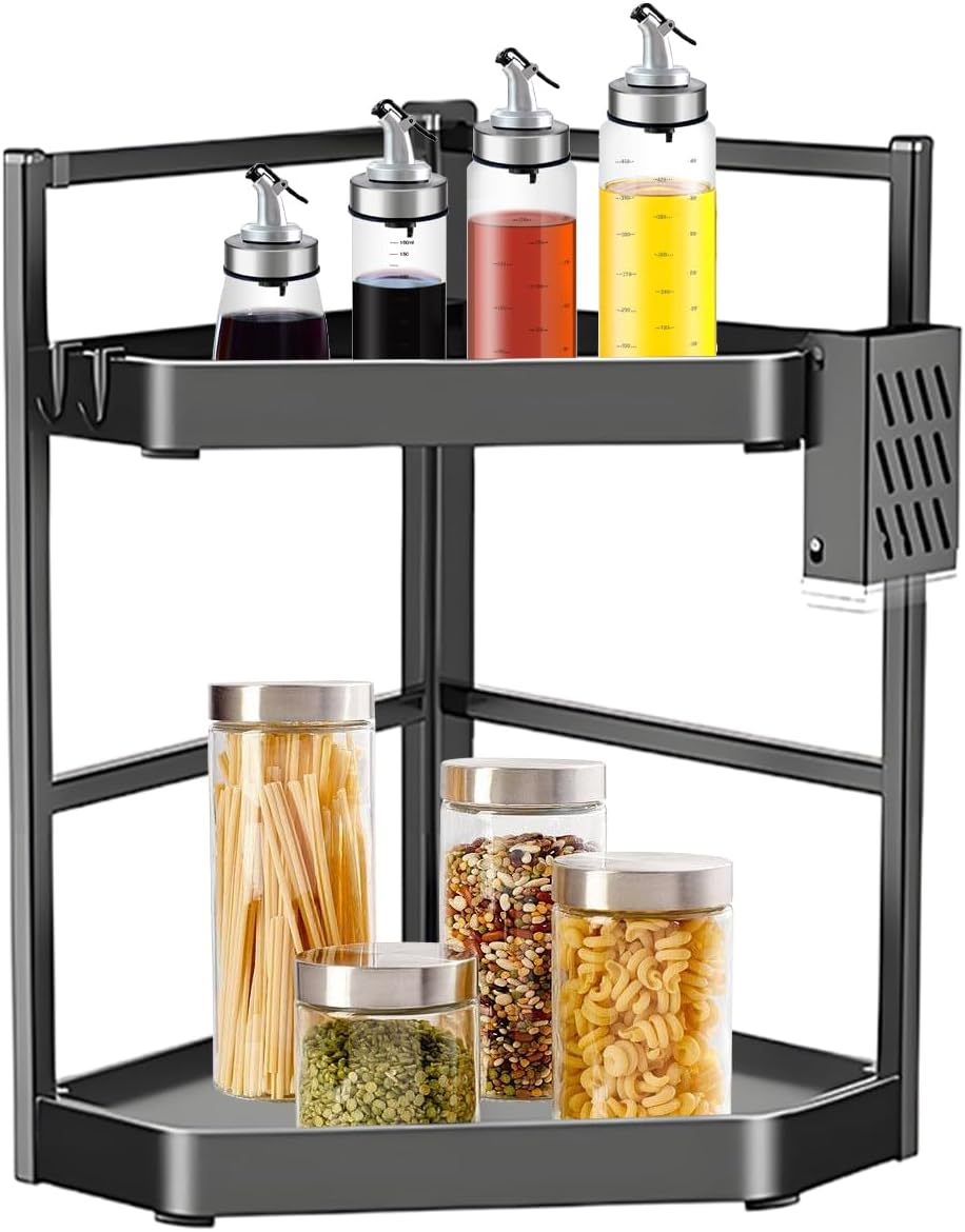 Kitchen Storage Shelves | Condiments Salt Corner Rack - 2 Tiers Storage Stable Organizer for Countertop Bathroom Makeup Easy Organizing Lids Toiletries Cabinet image number 4