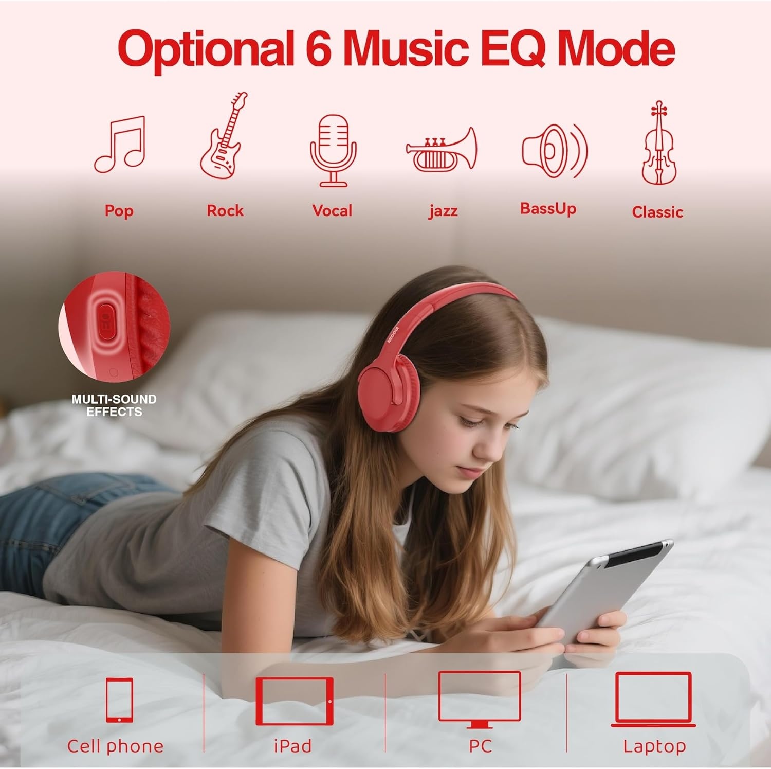 MIDOLA Bluetooth Headphones over Ear 68H Playtime 6 EQ Wireless Headset with Microphone Hifi Stereo Foldable Lightweight Deep Bass for Travel Home Office Cellphone Red - Cyan image number 7