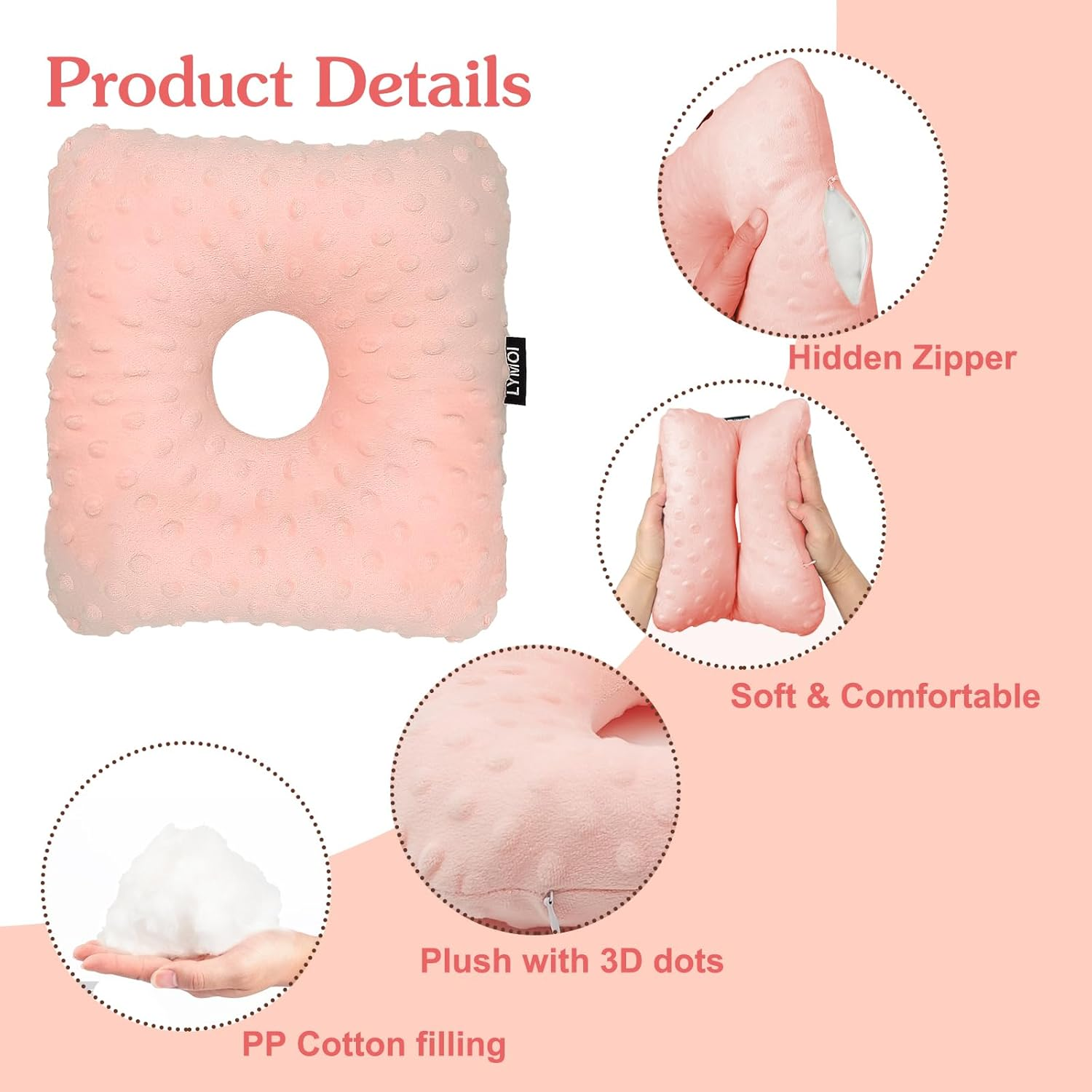 Large Ear Piercing Pillow for Side Sleepers, Side Sleeping Pillow, Ear Protector Pillows with Holes for Ear Pain CNH Piercing Pain Relief Ear Inflammation Pressure Sores Minky Dot (Pink) image number 4