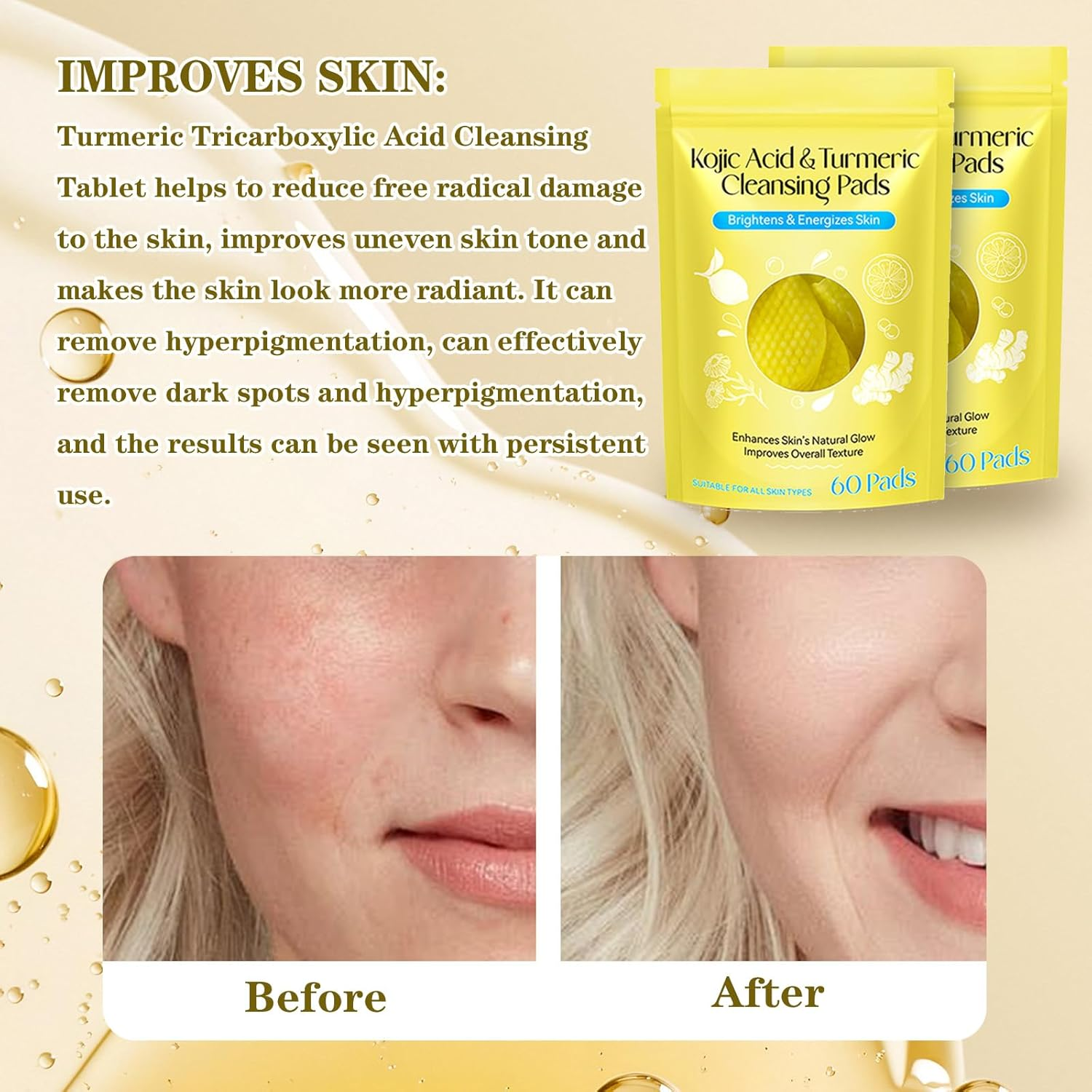 120Pcs Turmeric Kojic Acid Cotton Pads for Face,Deep Cleaning and Oil Controlexfoliating Pads,Arbutin Effectively Cleans the Stratum Corneum，Yellow image number 6