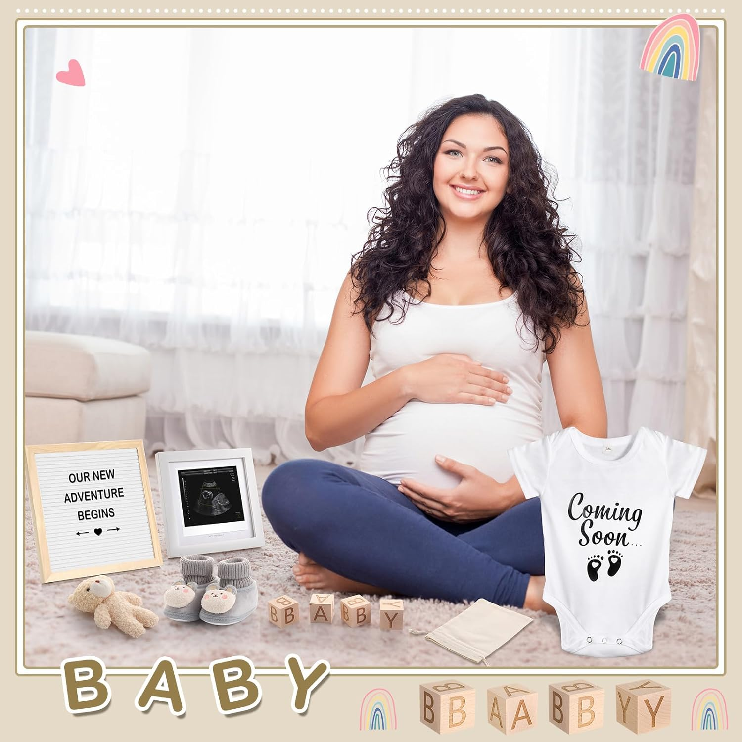 9 Pcs Pregnancy Announcement Set Pregnancy Reveal Ideas Felt Letter Board Baby Bodysuit Baby Booties Photo Frame Bear Plush Baby Wood Blocks for Coming Soon Baby Announcement (White,Bright) image number 4
