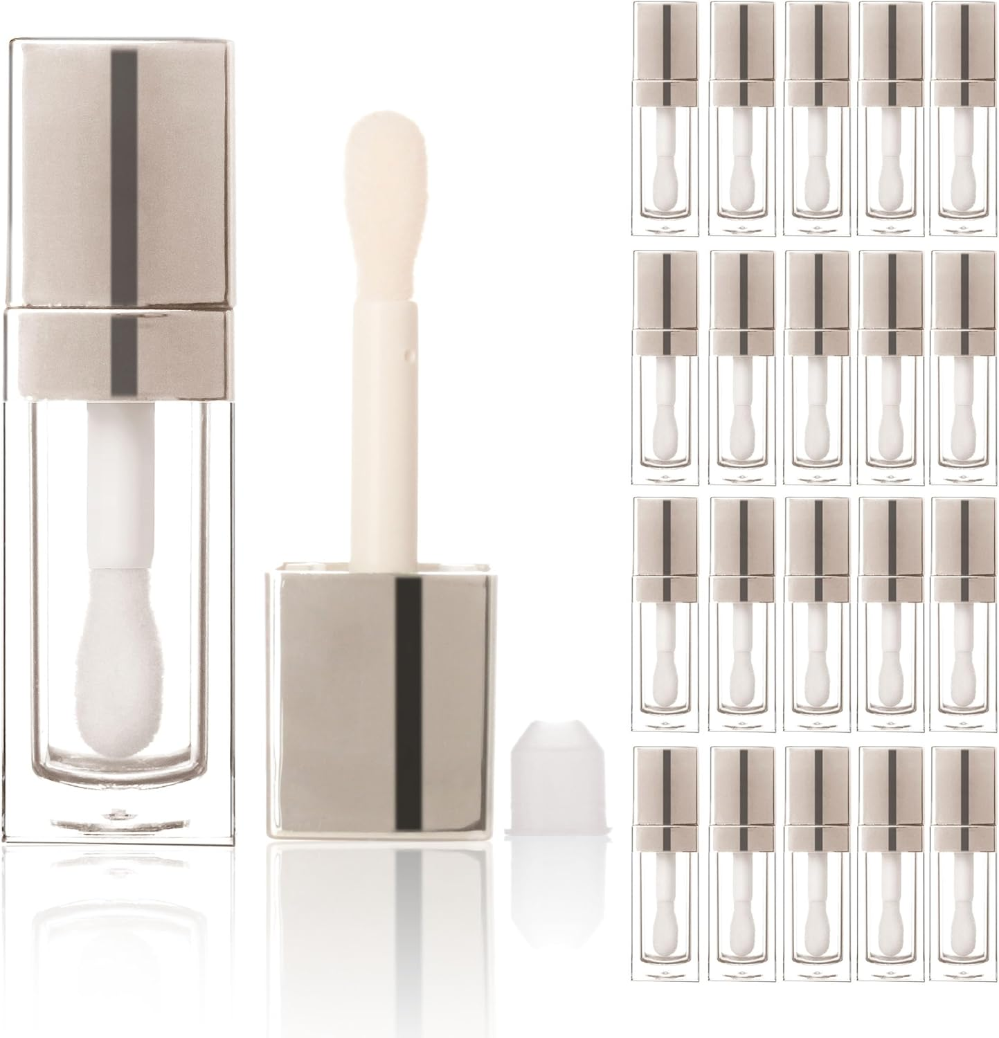COSIDEA 20PCS Empty 8ML Square Clear Lip Gloss Tube Silver Big Doe Foot Wand Lipgloss Tubes for Lip Oil Tint Bottles Container