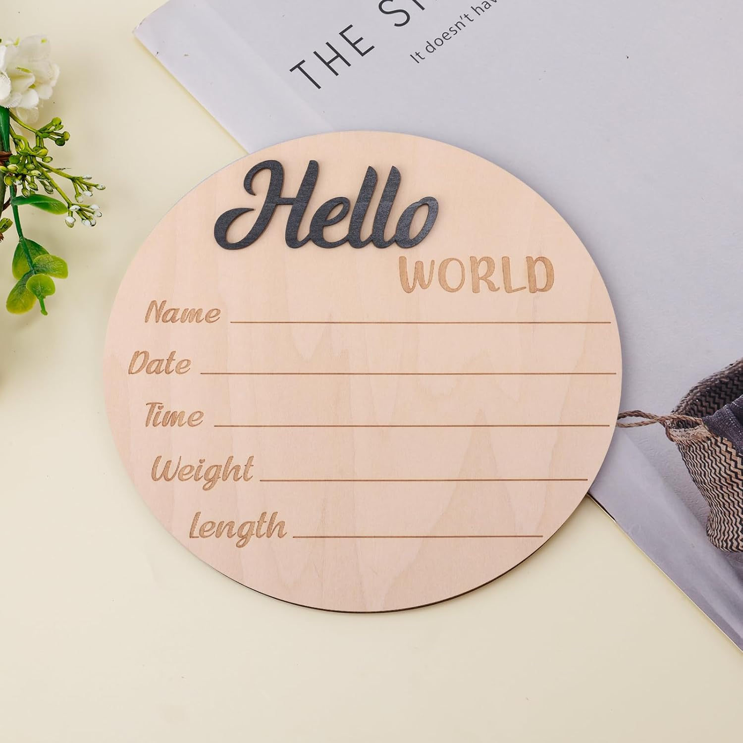 Baby Announcement Sign, Wooden Hello World Newborn Welcome Sign Baby Name Plaque Birth Announcement Sign for Photo Props Baby Shower Hospital Nursery image number 5