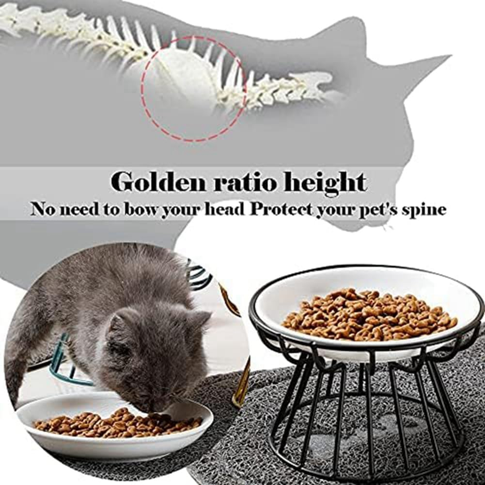 VENEKA Cat-Bowls, Elevated Cat-Bowl, Raised Ceramic Cat-Dish with Metal Stand,Pet Water or Food Feeding Station,Dishwasher Safe Easy to Use 16 X 16 X 10Cm