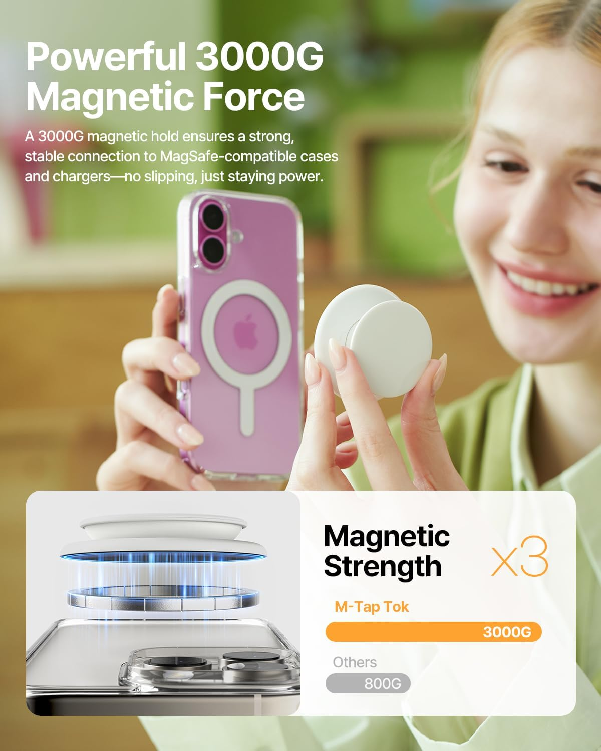 Sinjimoru for Magsafe Phone Grip, Soft Silicone Magnetic Finger Grip for Iphone 17/16/15/14/13, Comfortable One-Touch Holding, M-Tap Tok Black - Blue image number 7