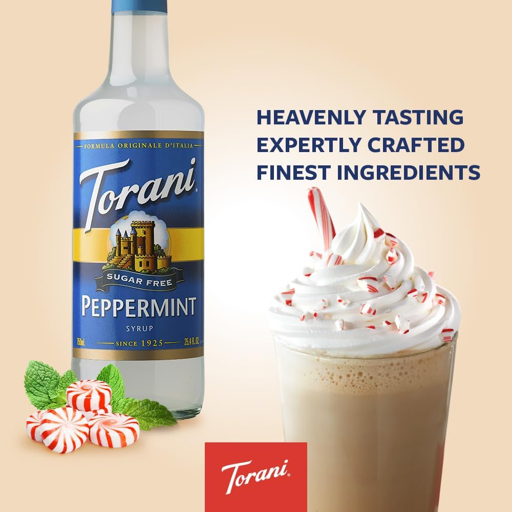 Torani Peppermint Syrup - Sugar Free Coffee Syrups (750Ml Bottle) - Classic Flavour for Lattes, Iced Coffees & Tea Beverages - Zero Calorie, No Carb Vegan Flavouring for Drinks image number 3