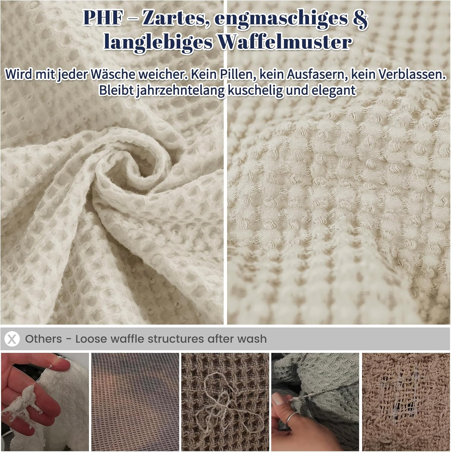PHF 100% Cotton Waffle Blanket, Cuddly Blanket, 220 X 240 Cm, Lightweight and Breathable, Perfect for Summer, Oeko-Tex&reg; Certified, Hotel Linen Quality, Ideal for Sofa, Couch, Bed, Linen image number 2