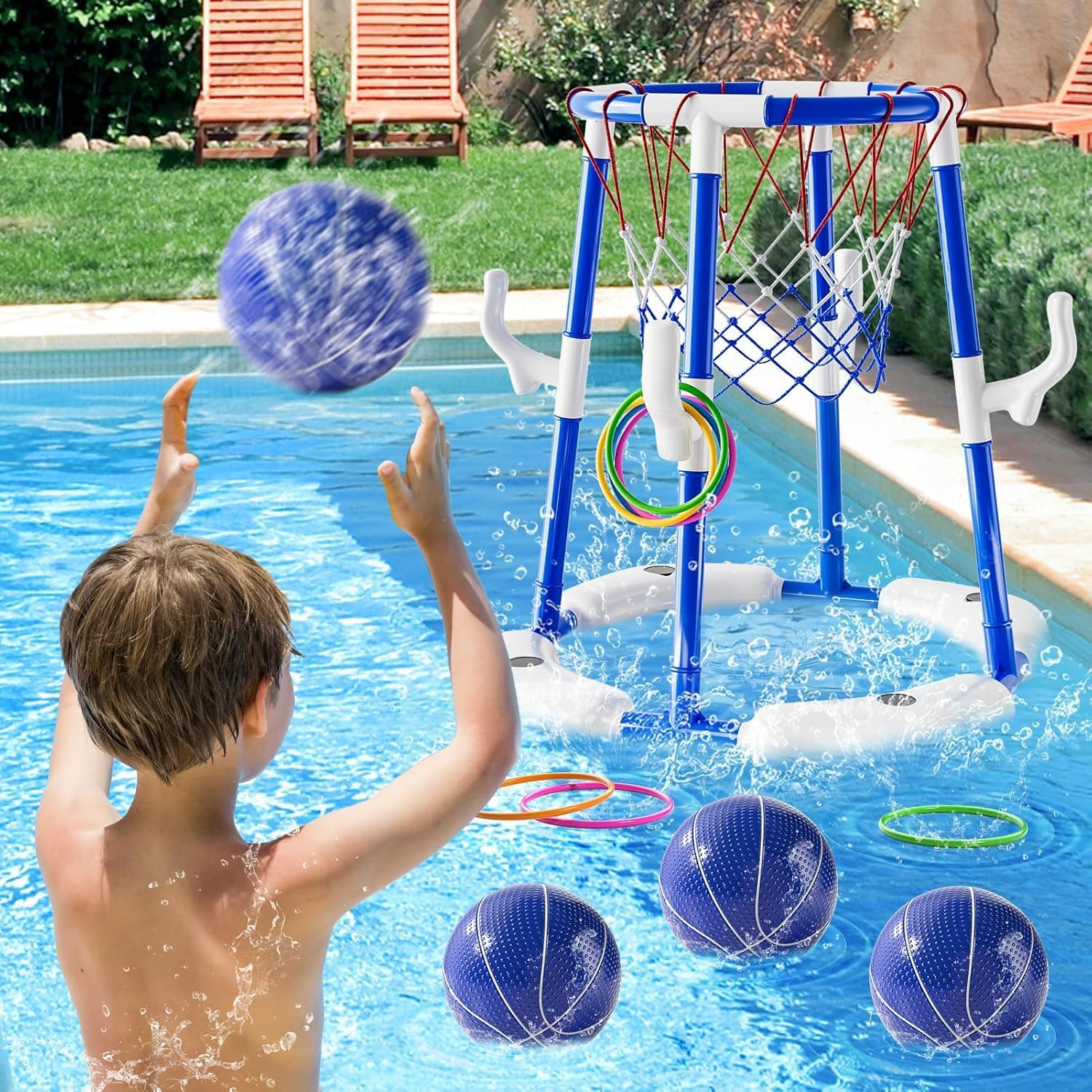 Basketball Hoop Toys for Kids Ages 4-8 8-12 & Adult, Summer Outdoor Swimming Pool Games Water Play Toys Family Party for Kids, 2 In1 Pool Basketball Hoop & Ring Game with 4 Balls 12 Rings & Pump image number 4