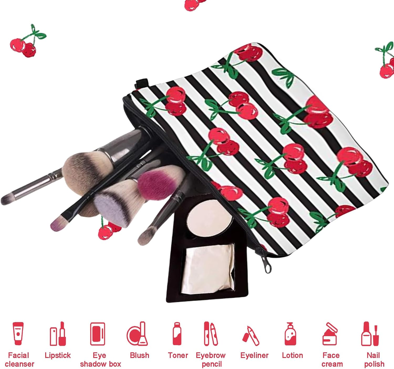 Rylaxzon Makeup Bag for Travel, Small Makeup Bag with Zipper, Waterproof Small Cosmetic Pouch for Purse Mini, Cute Traveling Bag Small for Ladies & Women (Stripes Cherry) image number 2