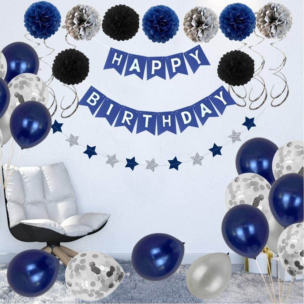 Navy Blue Birthday Flag Pulling Night Balloon Paper Flower Ball Decoration Set Silver Star Flower Spiral Pendant (47Pcs)
