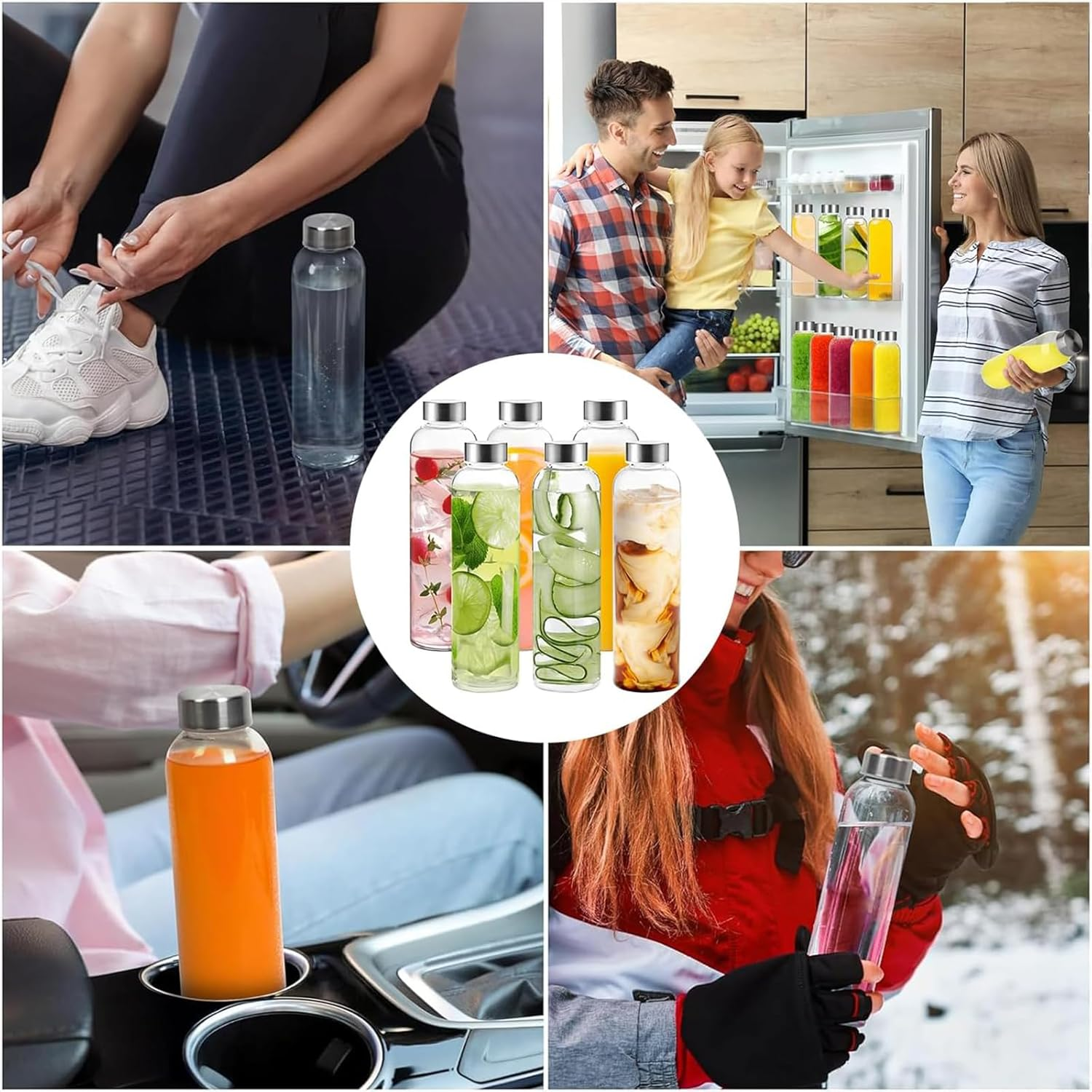 Glass Water Bottle - Reusable with Cleaning Brush,6Pcs 18Oz BPA Free, Leak Proof Drinking Juice Bottles with Stainless Steel Lid - Clear Glass Water Bottle for Home, Office, Gym & Outdoors image number 1