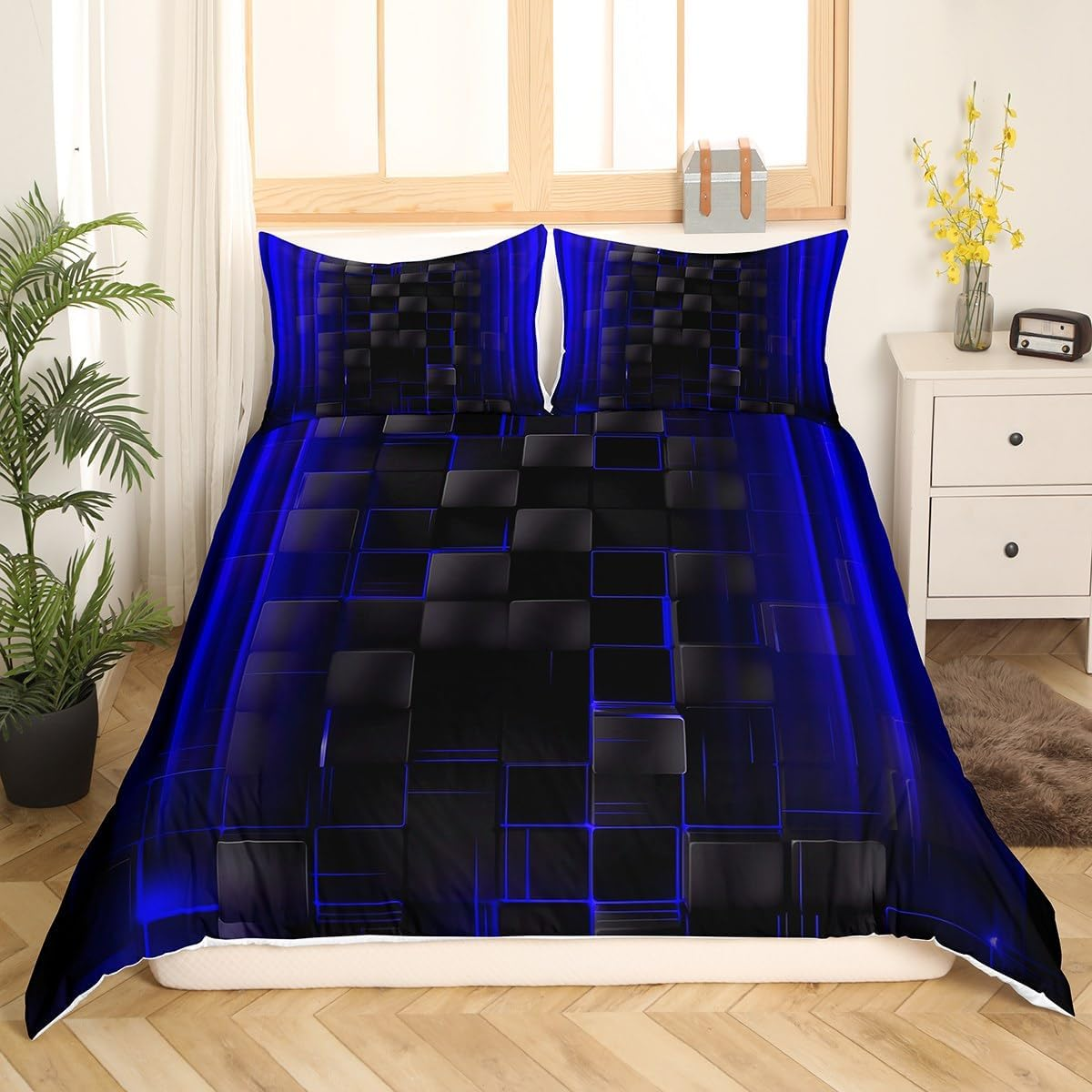 Manfei Royal Blue Ombre Duvet Cover Set Full Size, Abstract Geometric Lines Grid Comforter Cover, Black Lattice Bedding Set for Kids Boys Bedroom Decor, Lightweight Bedspread Cover, 2 Pillowcases image number 6