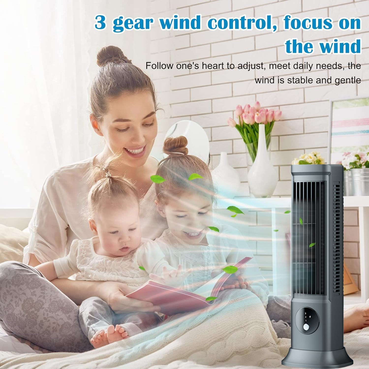 Tower Fan, Bladeless Fan Can Stand or Lie Down, Standing Fan USB-C Rechargeable, Three-Speed Wind, Portable Tower Fan for Indoor Home Room Bedroom Office Use image number 2