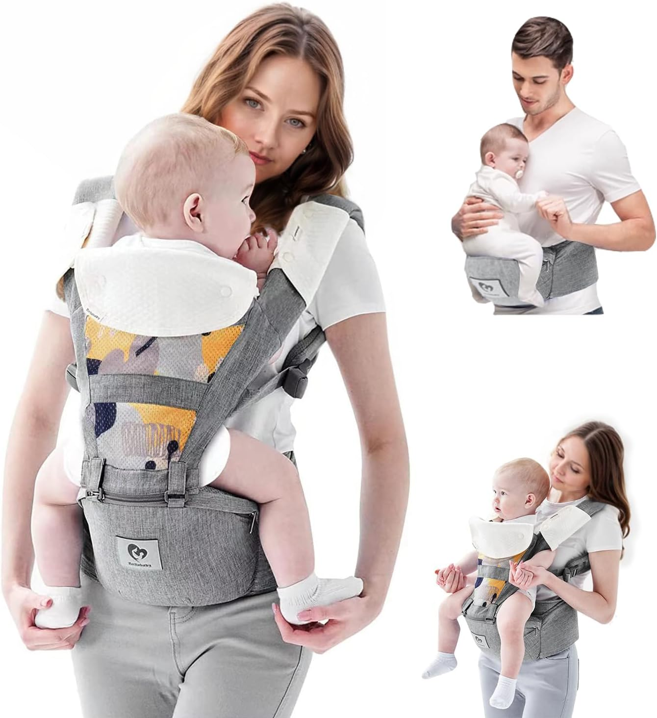 Baby Carrier, Bellababy Multifunction Baby Carrier Hip Seat (Ergonomic M Position) for 3-36 Month Baby, 6-In-1 Ways to Carry, All Seasons, Adjustable Size, Perfect for Shopping Travelling, Grey