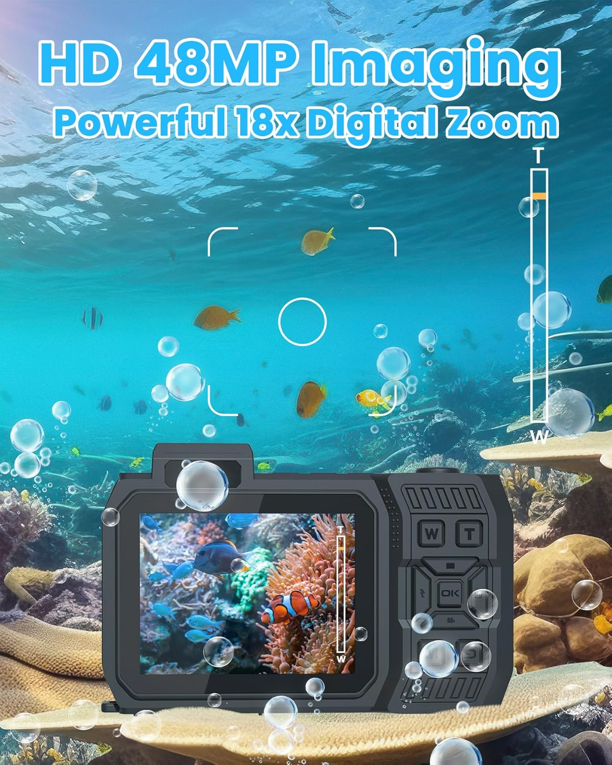 33FT Underwater Camera 4K 48MP Waterproof Camera Rugged Dustproof Shockproof, Autofocus Selfie Dual-Screen Underwater Camera for Snorkeling Diving Sport Floatable Digital Camera with 64G Card (Orange) image number 4