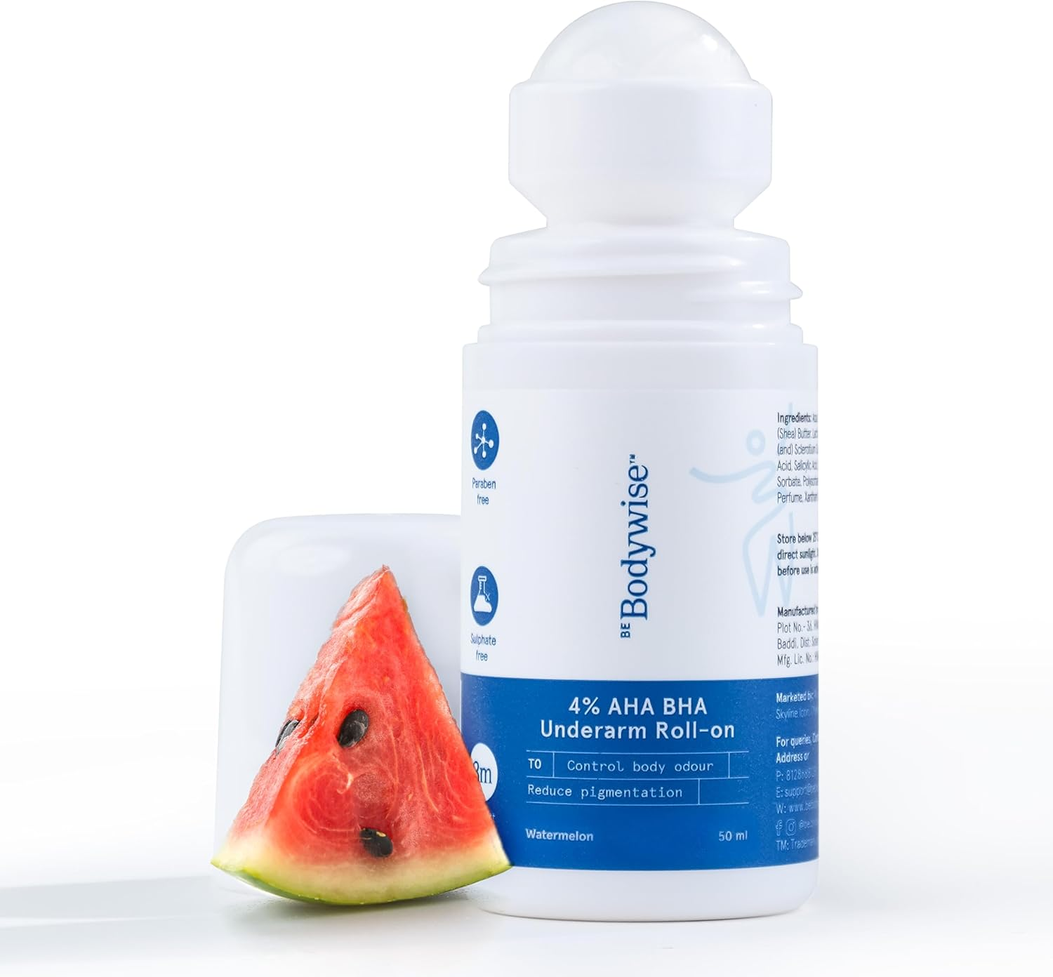 Be Bodywise 4% AHA BHA Underarm Roll on Deodorant | Watermelon Fragrance | with 1% Mandelic Acid, 2% Lactic Acid & Alpha Arbutin | Prevents Body Odour, Fades Pigmentation, Kills Bacteria | 50Ml image number 4