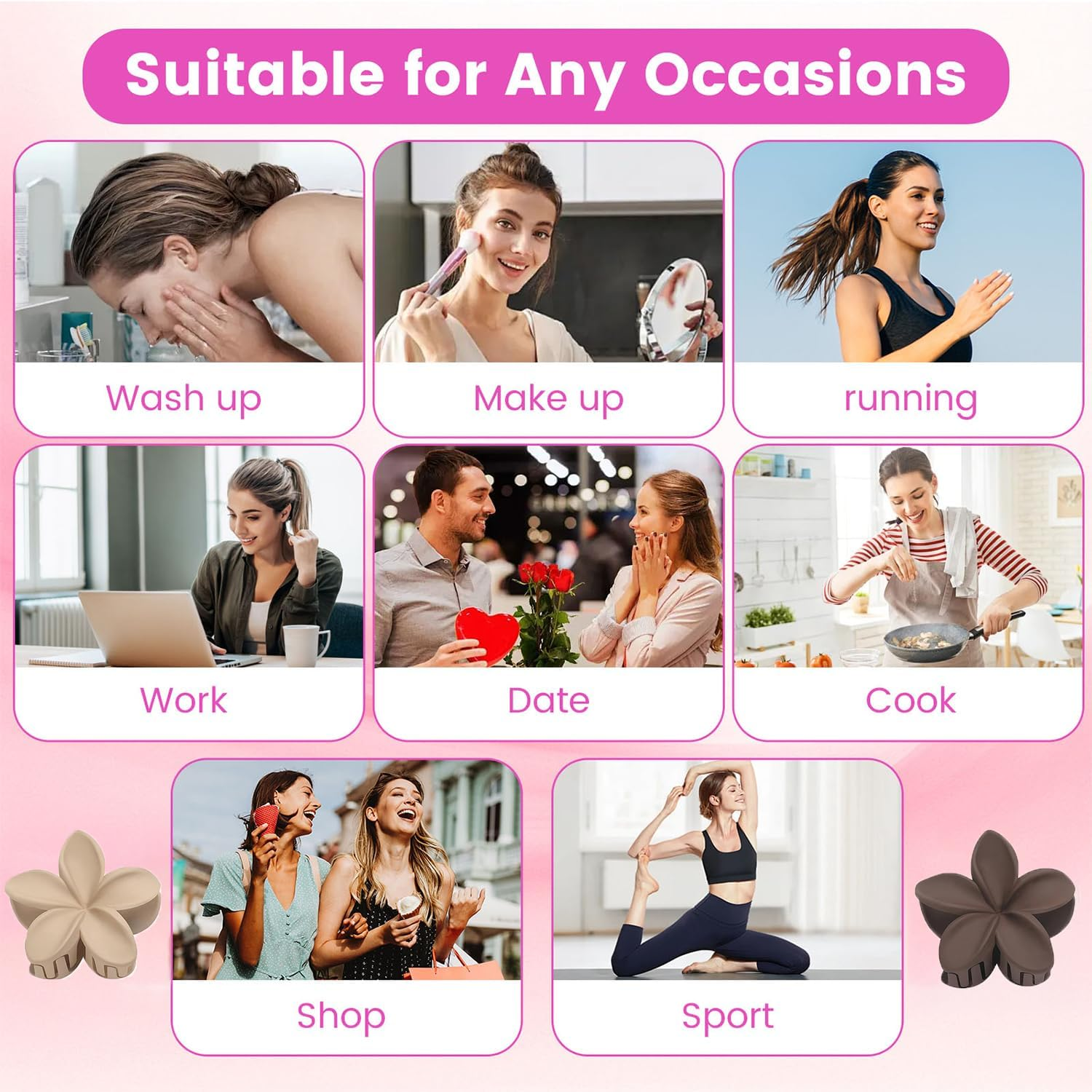 8 Pcs Large Hawaiian Hair Claw Clips Floral Hair Claw Clips Wide Flower Design for Women (Black, Brown, Beige) image number 2