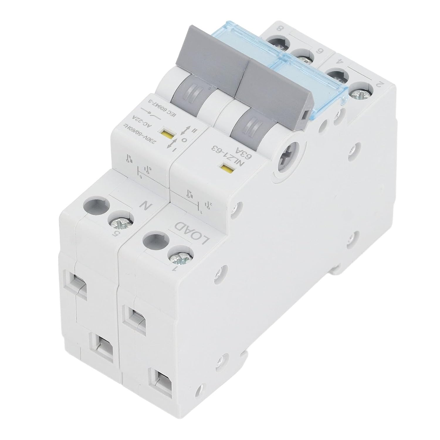 230Vac 63A Dual Power Manual Transfer Switch, DIN Rail Mount Single Side Interlock Circuit Breaker 35Mm Generator Transfer Switch 2P for Recreational Vehicles, Homes, Generators image number 2