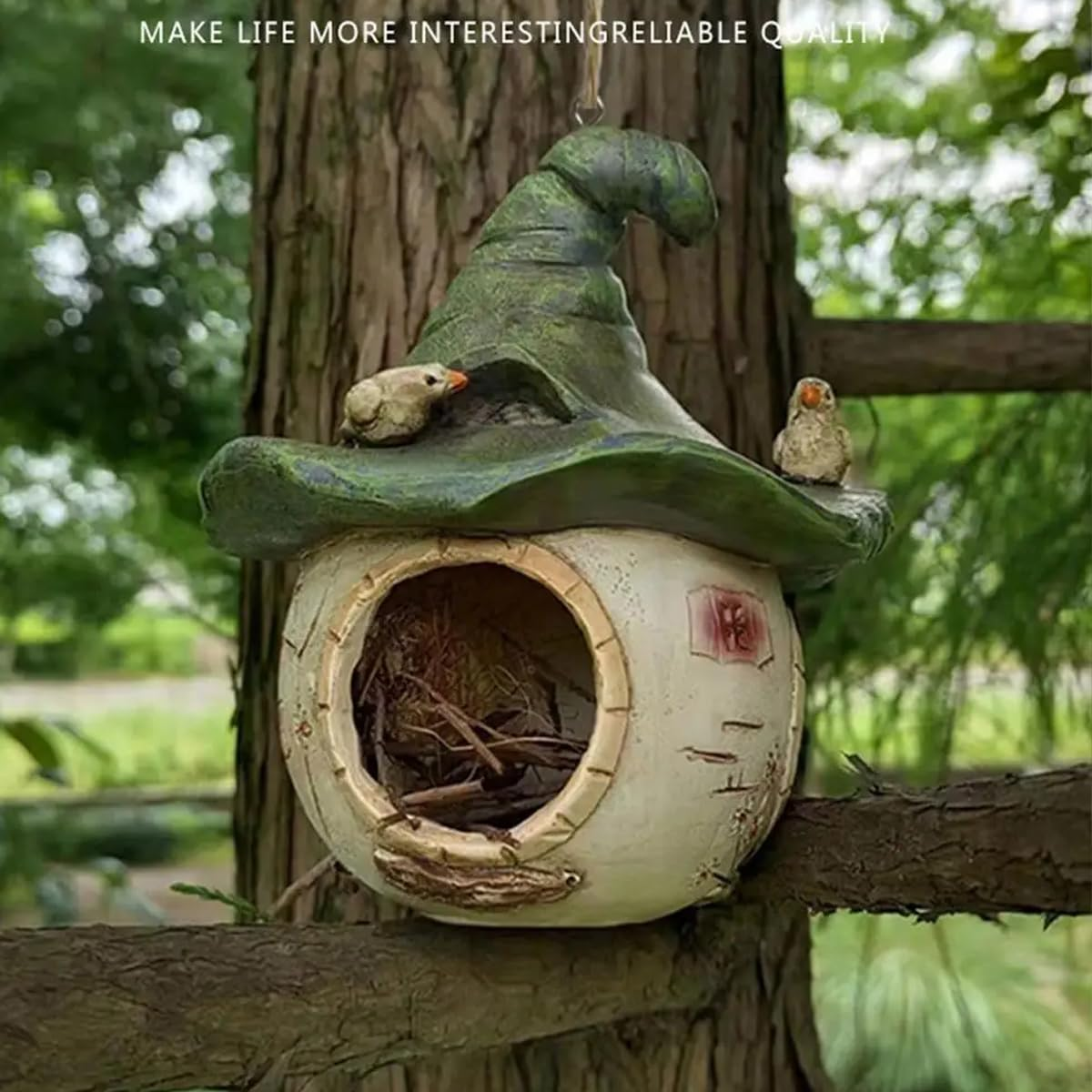 AIMALL 5.51 Inch Hanging Birdhouse Ornament, Cartoon Design, Resin Tree Hummingbird Nest, Outdoor Courtyard Decoration, Weatherproof and Durable image number 1