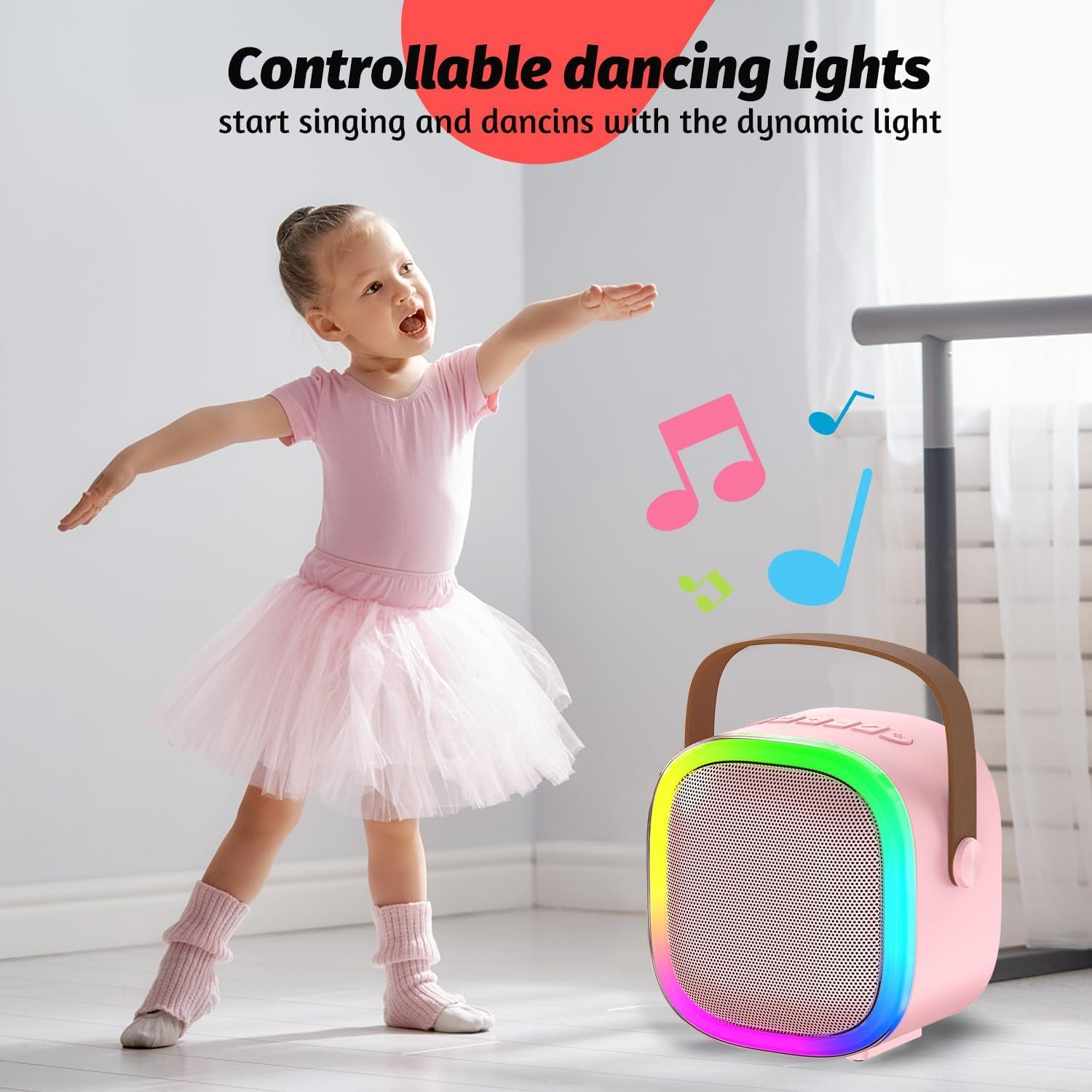ZONEY Kids Karaoke Machine,Karaoke Microphone Machine Toy with 2 Wireless Microphones, Portable Bluetooth Speaker Gift with Colorful Lights for Girls Boys Family Home Party (Pink) image number 3