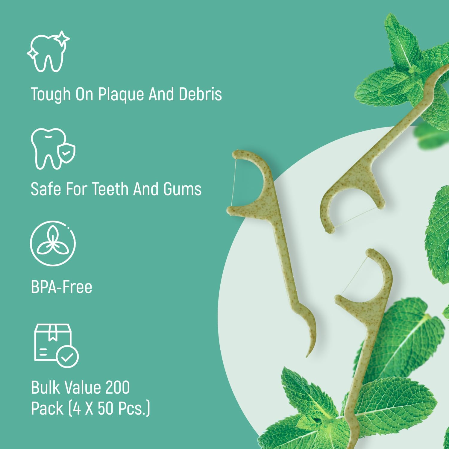 Natural Dental Floss Picks - Eco Friendly Cruelty Free & Vegan Tooth Flossers Pick Set with BPA Free Handle & Zero Waste Packaging - 200 Pack (Mint Flavored) image number 1