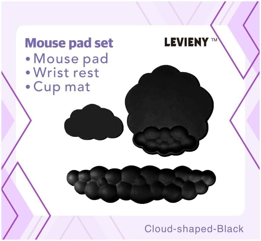 Levieny Cloud Keyboard Wrist Rest 3-Pc Set W/Mouse Pad & Cup Mat - 2025'S Evo Honeycomb Base - Ergo Non-Slip Purple Cushion for Pc/Gaming/Office（Black） - Black image number 6