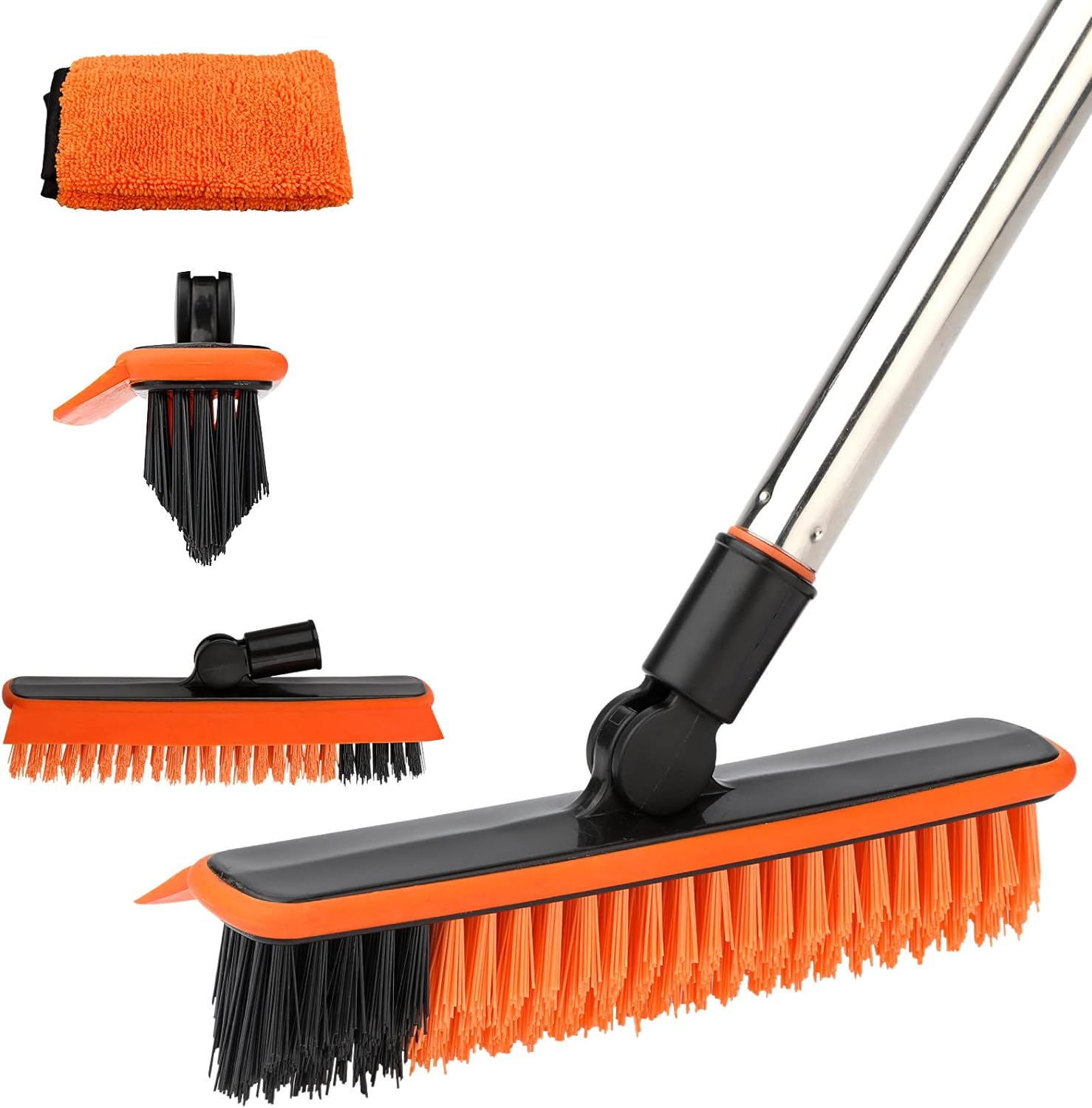 Homilifibra 2 in 1 Floor Scrub Brush Grout with 57.8'' Long Handle,120&deg;Rotatable Shower Tile Scrubber,Kitchen Bathroom Crevice Squeegee,V-Shaped Corner for Hard to Reach Areas Black&Orange