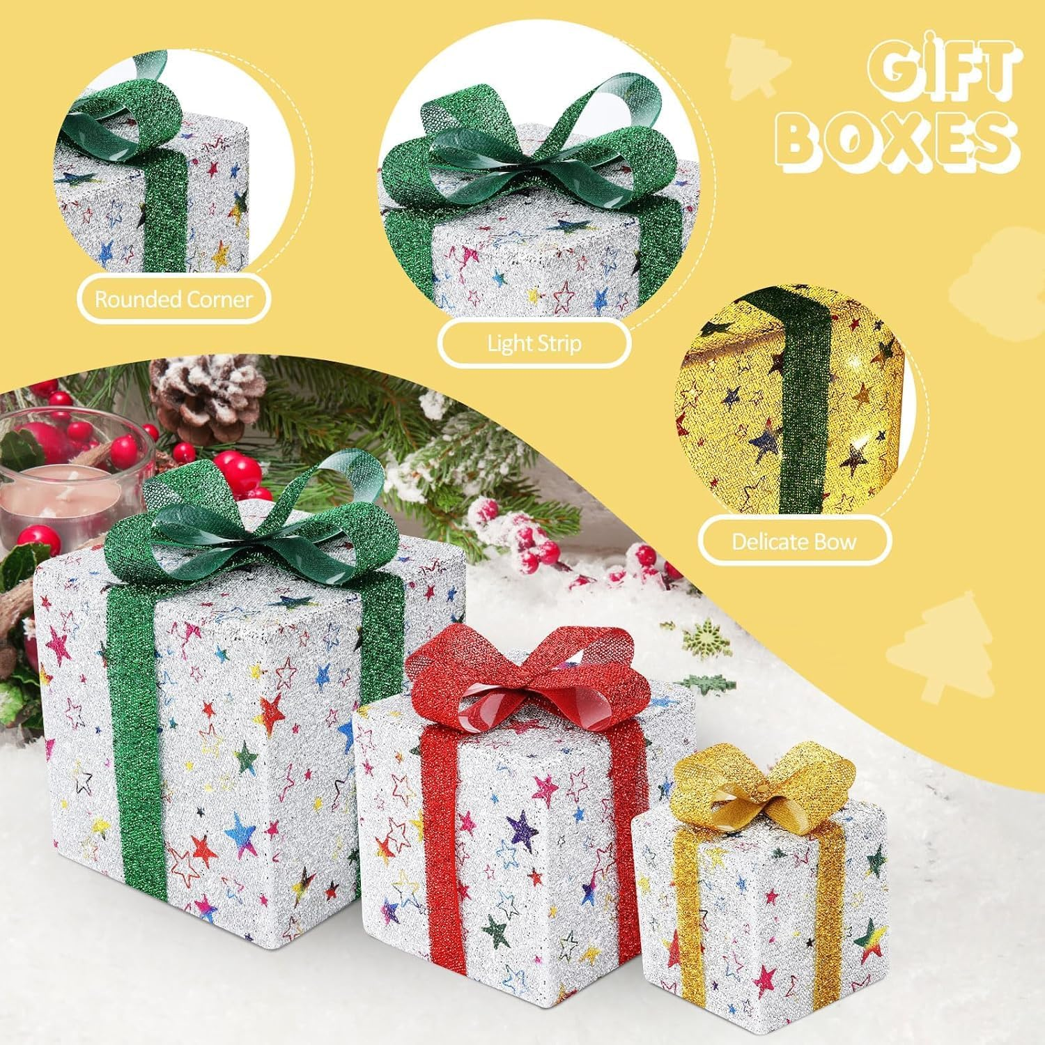 Christmas Lighted Gift Boxes Decorations, Indoor Outdoor Decorations, 3Pcs Gift Box 3D Decoration Water Resistant for Yard, Porch, Party, Christmas Tree image number 1