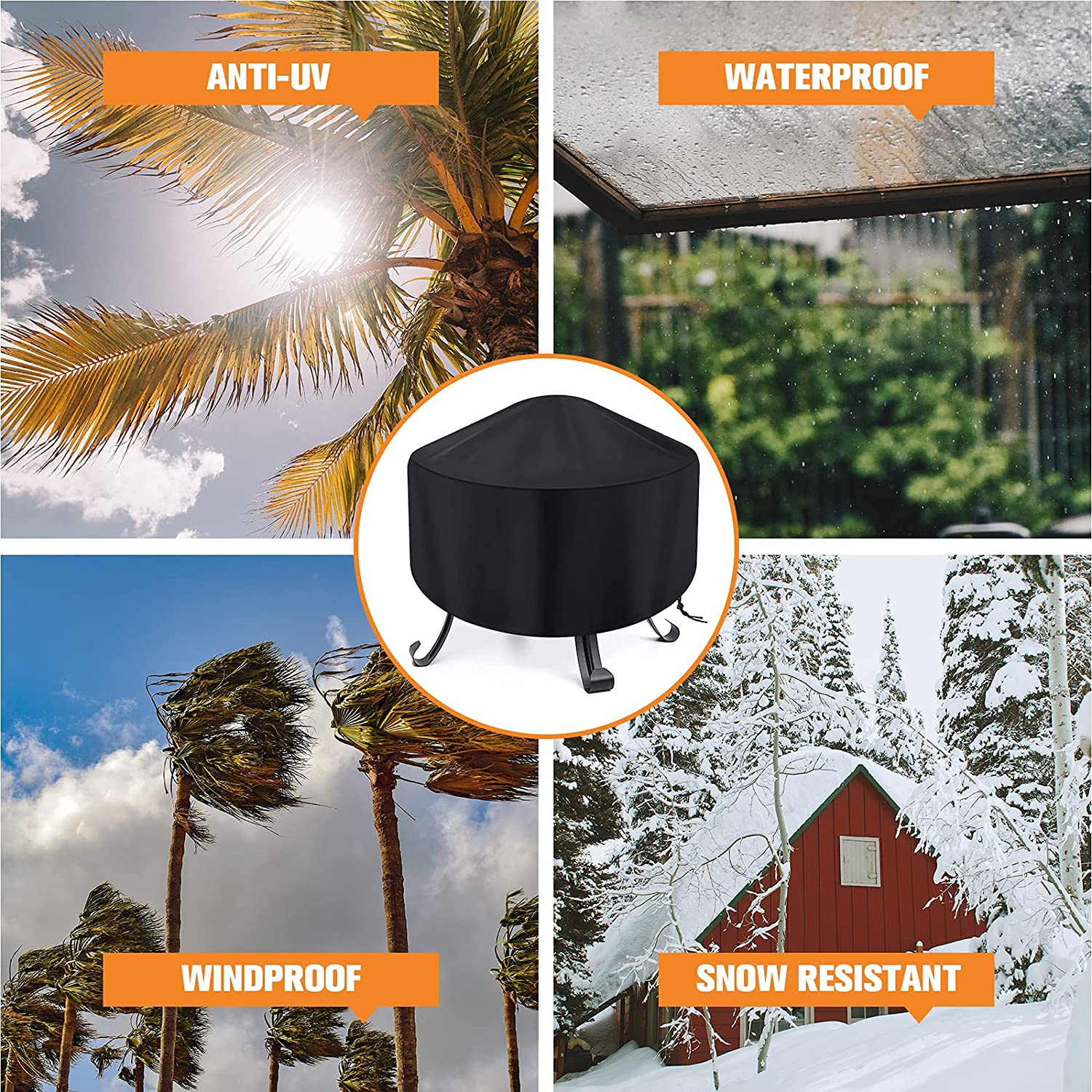 Fire Pit Cover round Waterproof Fit for 80/90/100Cm Outdoor round Firepit or Fire Bowl 420D Heavy Duty Firepit Cover, Black Patio Fire Bowl Cover image number 5