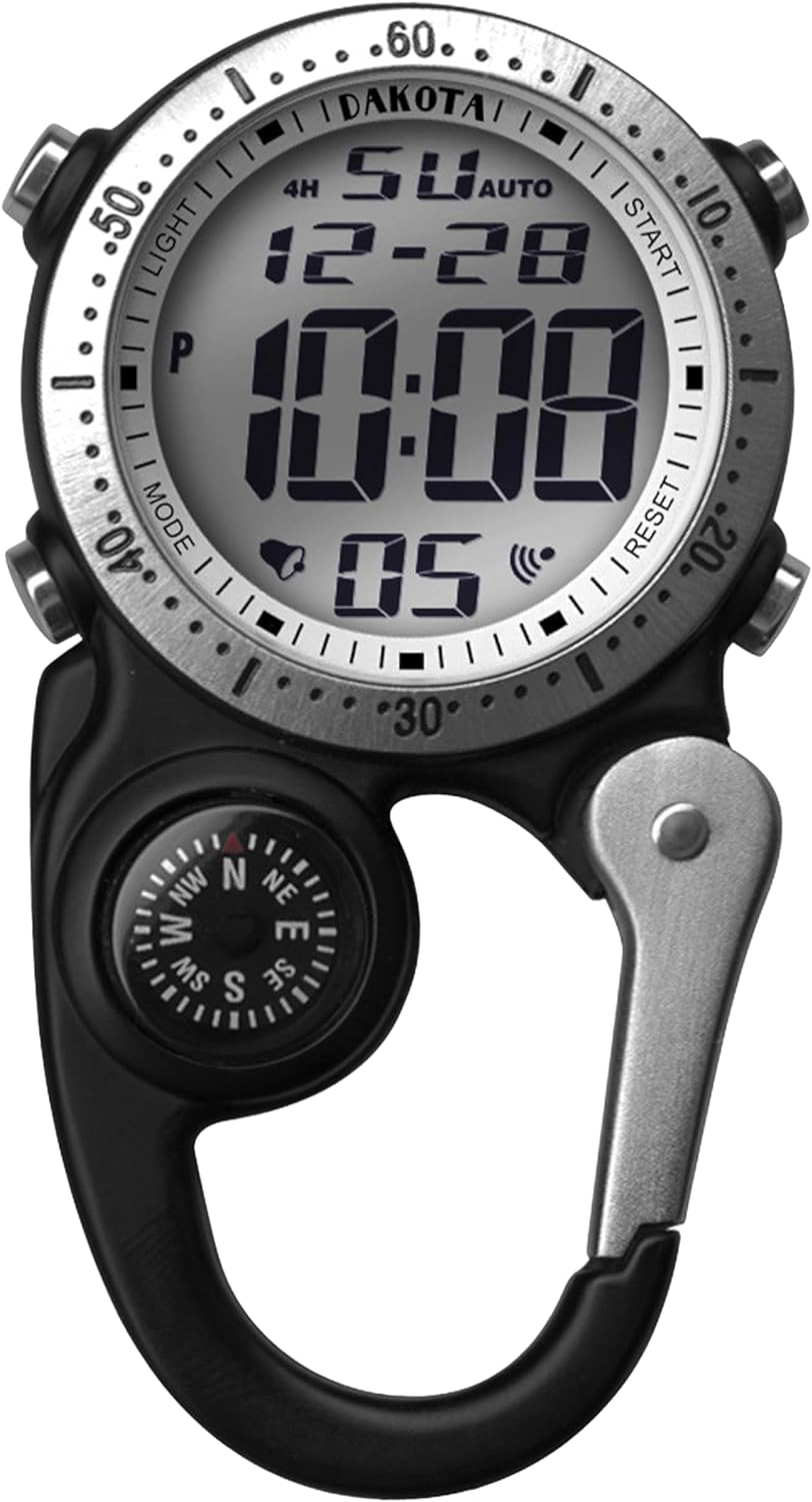 Dakota Digital Backpacker Clip-On Watch &ndash; Rugged Waterproof Fob Watch with Compass, Stopwatch, Alarm & Dual Time | Heavy-Duty Alternative to Pocket Watch for Men & Women | Ideal for Camping, Defence, Tradies &ndash; BLACK