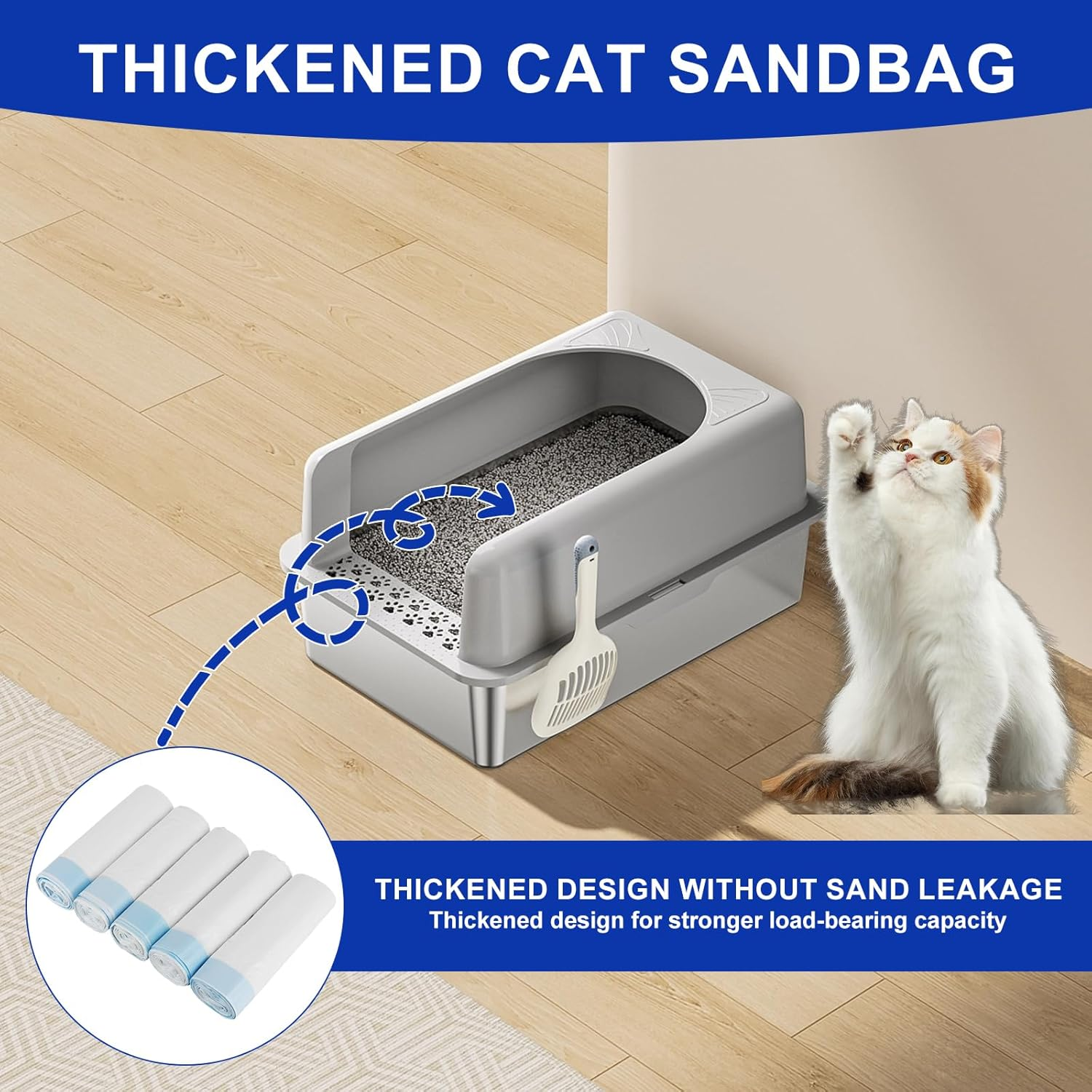 LUFEIS Pack of 75 Bin Bags, Bin Bags with Carry Handle, Self-Cleaning Cat Litter Box, Cat Litter Box Bags, Self-Cleaning Cat Litter Box with Drawstrings, Liquid-Proof, Durable, 5 Rolls image number 4