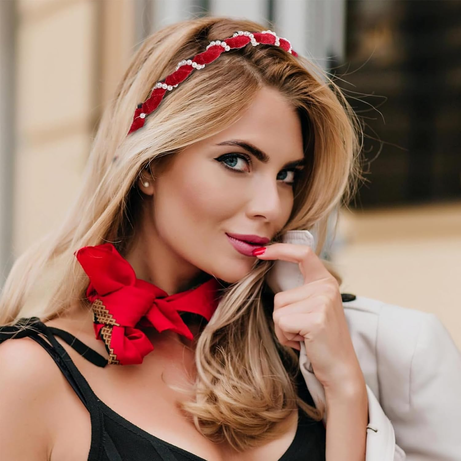 ASOMI 3 Pieces Vintage High Cranium Faux Pearl Headband, Elegant Pearl Headbands for Women and Girls, Decorative Hair Bands (Brown, Black, Red) image number 5