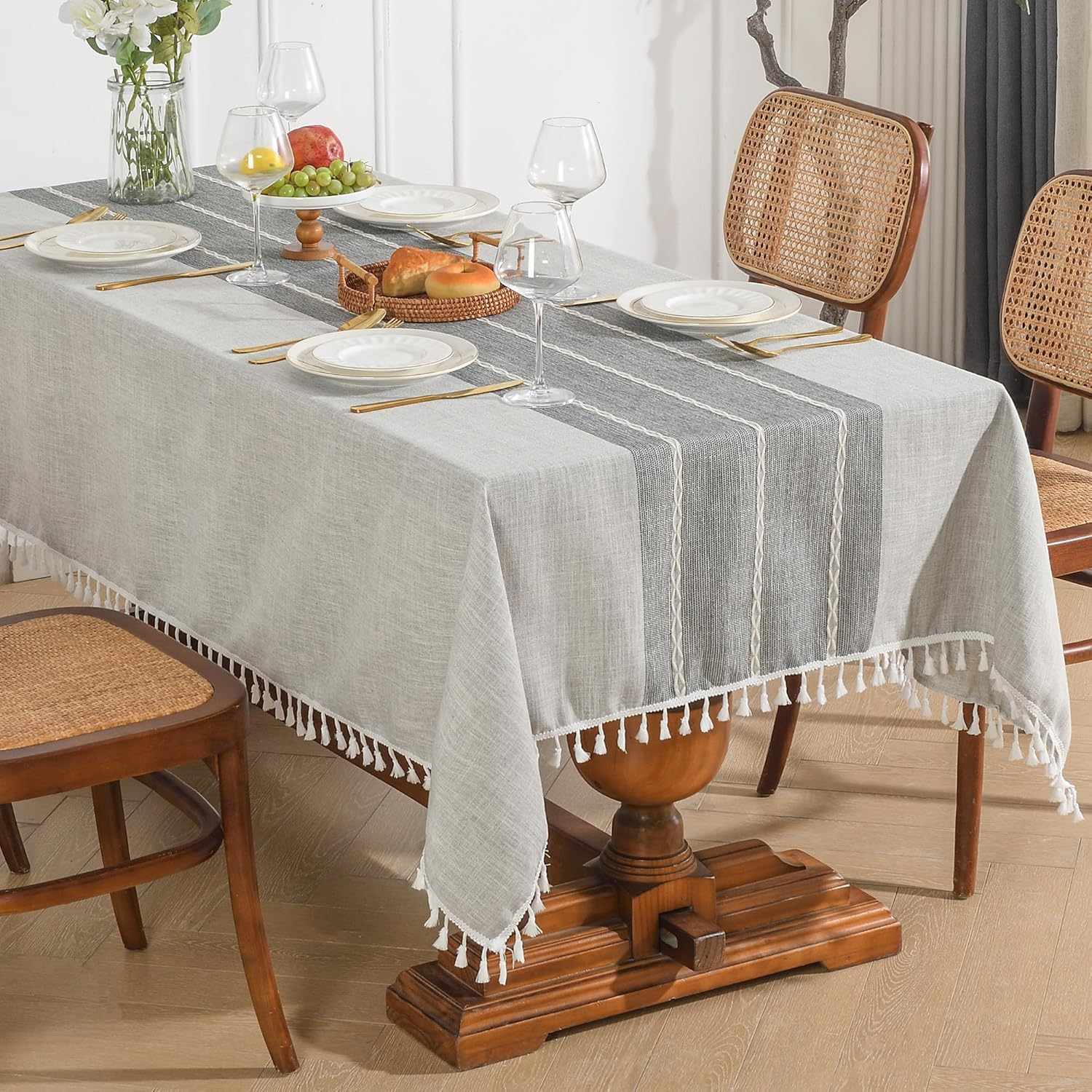 Oubonun Cotton Linen Rectangular Tablecloth - Wrinkle Resistant & Waterproof - Machine Washable Table Cloth with Tassels for Kitchen & Dining, 55''X102'', 8-10 Seats, Grey