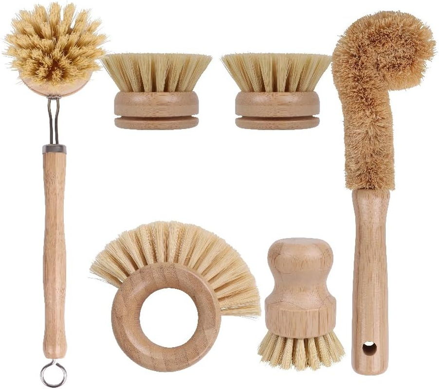 Eco Basics Plastic-Free Kitchen Cleaning Brush Set of 5 | Vegetable Brush, Dish Brush + Refills, Pot Brush & Bottle Brush | Bamboo & Tampico Fiber | Sustainable, Biodegradable & Eco-Friendly Tools image number 3