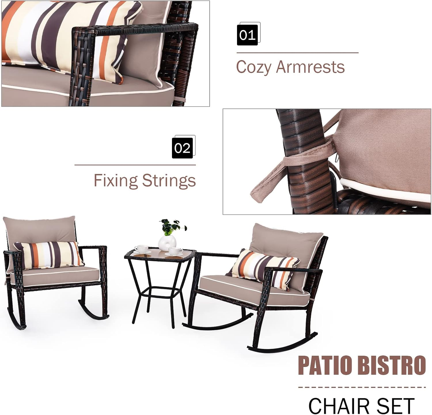 Costway 3PCS Patio Rocking Chair Set W/Lumbar Pillows, Soft Detachable Cushions, All Weather Chaise Lounge Chairs, Outdoor Rattan Wicker Bistro Set - Two Chairs & Tempered Glass Coffee Table (Brown)