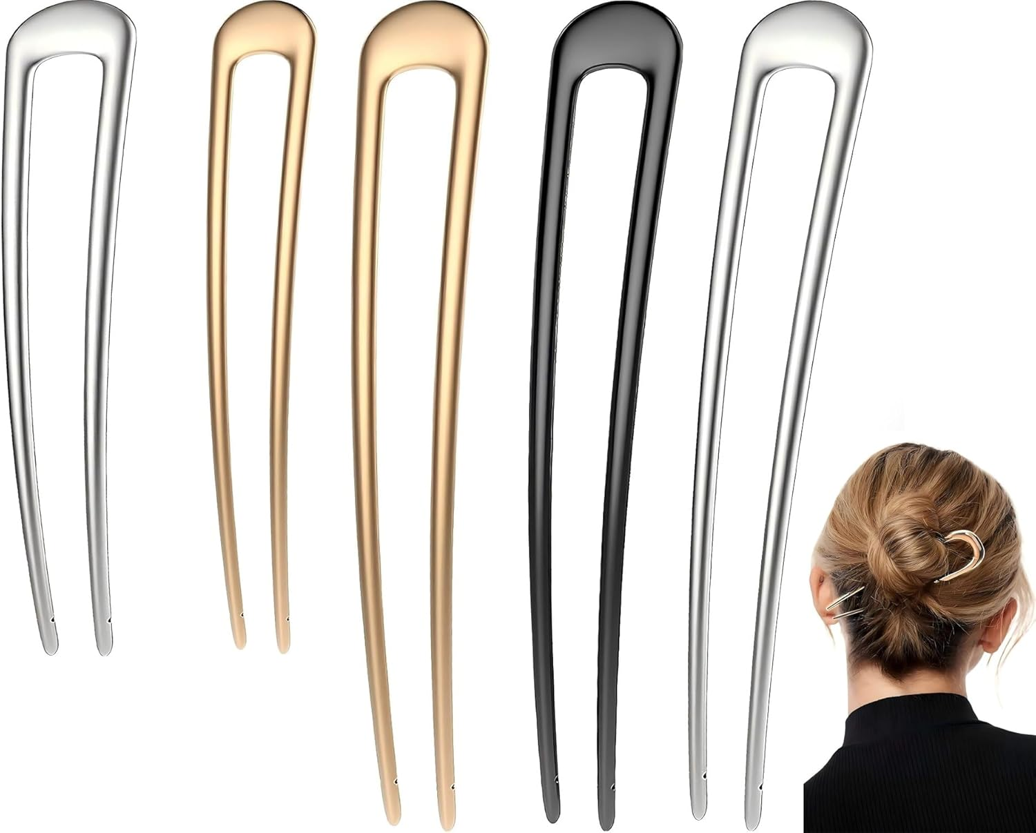 French Hair Pins for Women Girls, Metal U-Shaped Pins for Buns, French Twist Hair Pin, Hair Sticks, Hair Fork 14Cm/10Cm 5 Pcs (Gold/Silver/Black)