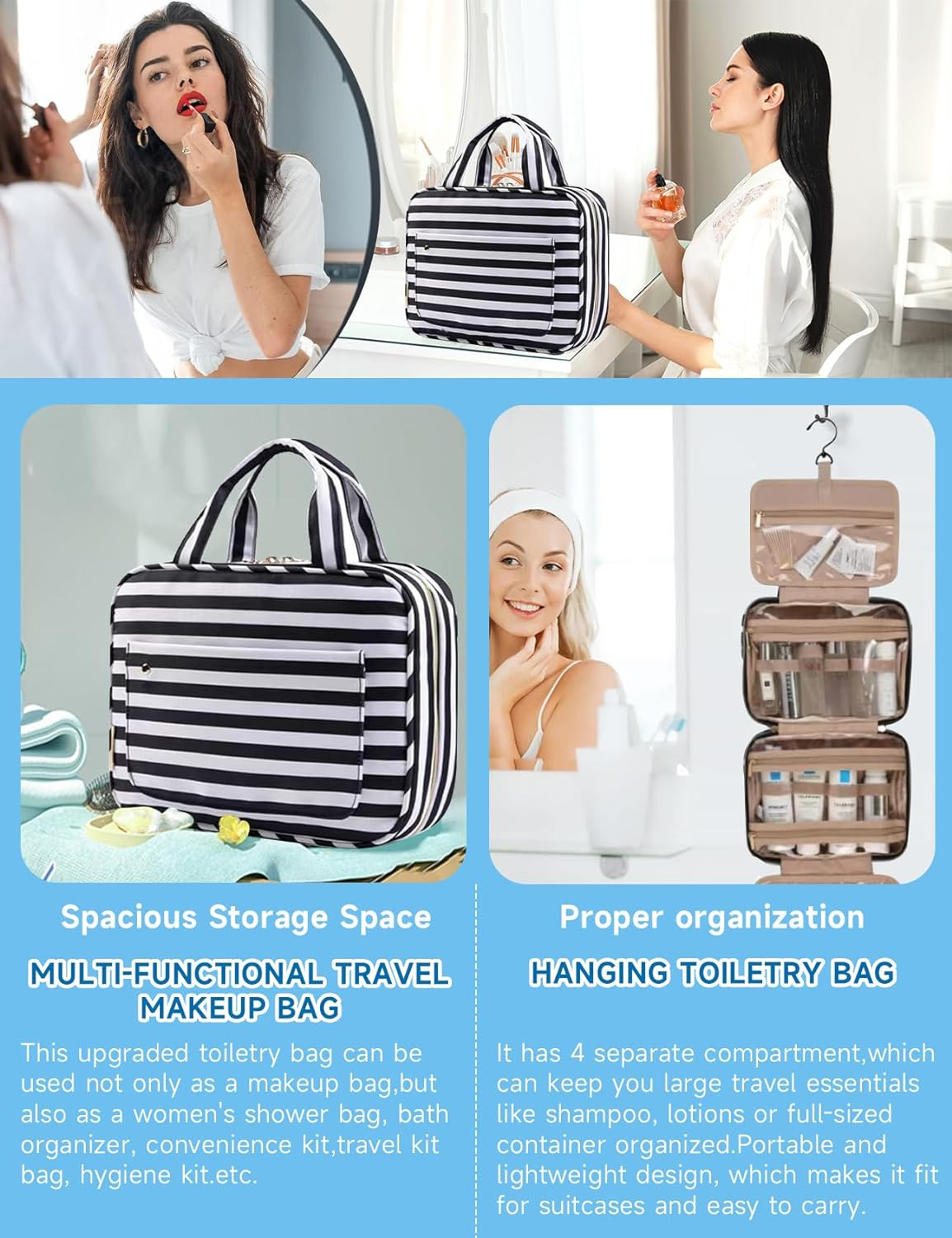 2 PCS Hanging Travel Toiletry Bag with Hook, Large Capacity Makeup Bag for Women & Men, Foldable Waterproof Cosmetic Organizer with 4 Transparent Compartments for Bathroom, Travel Essentials (Pink) - Pink image number 6